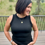 Black Ruffle Trim Ribbed Tank