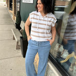 Ivory/Mocha Striped Half Button Hoodie Sweater Top - Sweater STACCATO
