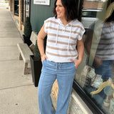Ivory/Mocha Striped Half Button Hoodie Sweater Top - Sweater STACCATO