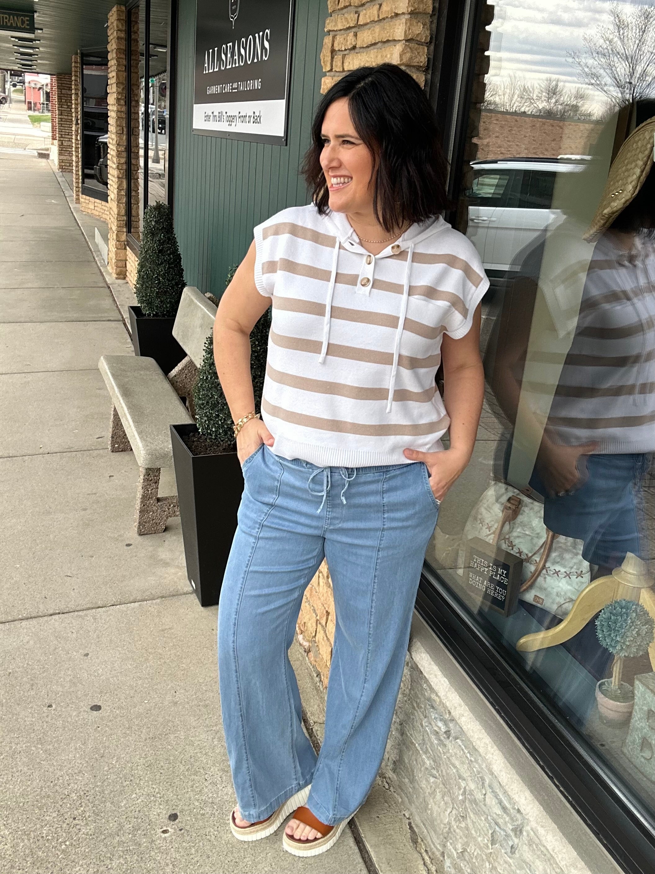 Ivory/Mocha Striped Half Button Hoodie Sweater Top - Sweater STACCATO