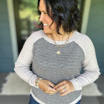Taupe & Black Stripe Raglan Crew Sweater Top - Sweater STACCATO