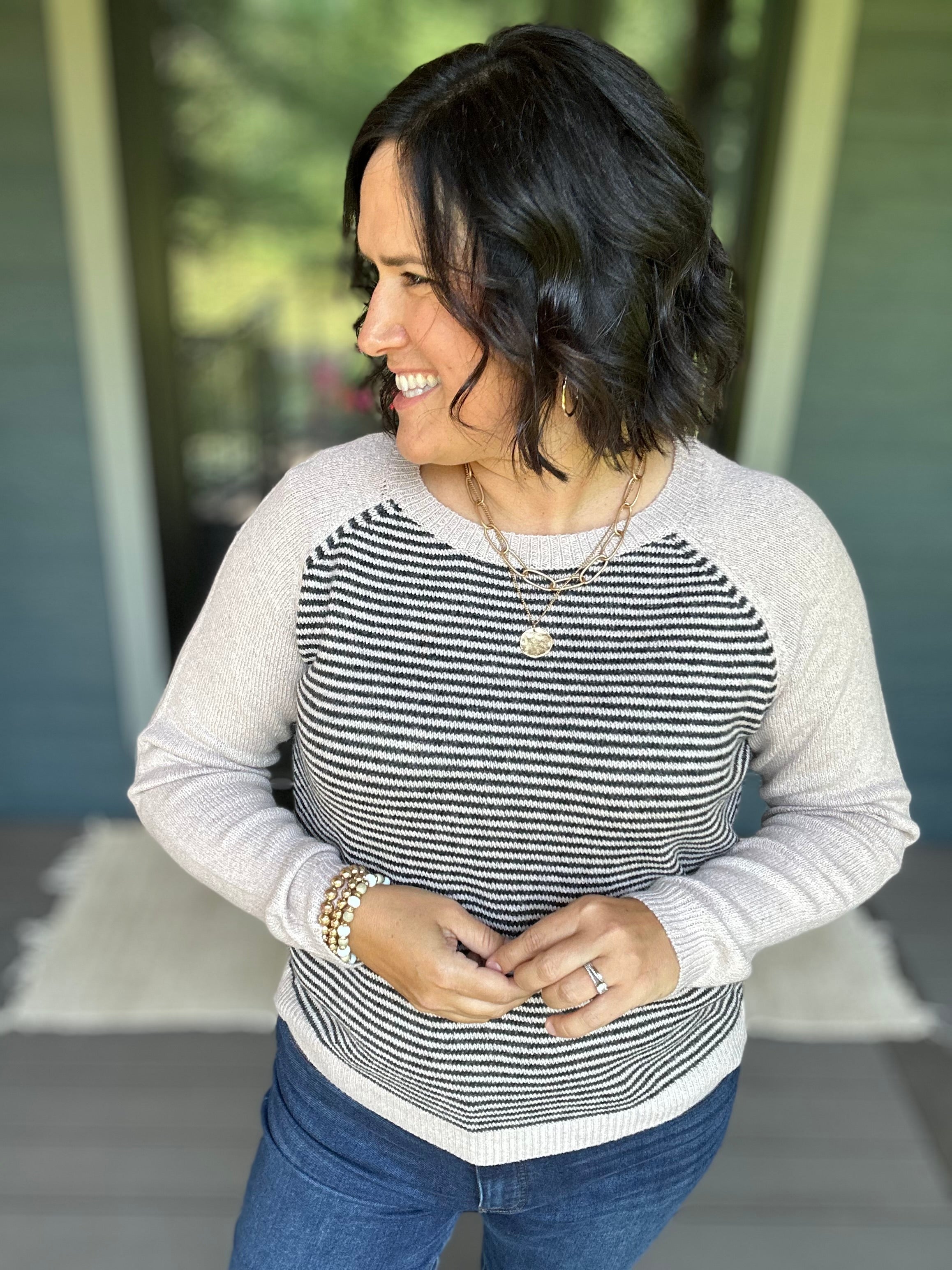Taupe & Black Stripe Raglan Crew Sweater Top - Sweater STACCATO