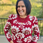 Burgundy Ivory Large Floral Puff Sleeve Knit Sweater Top - Sweater VOY