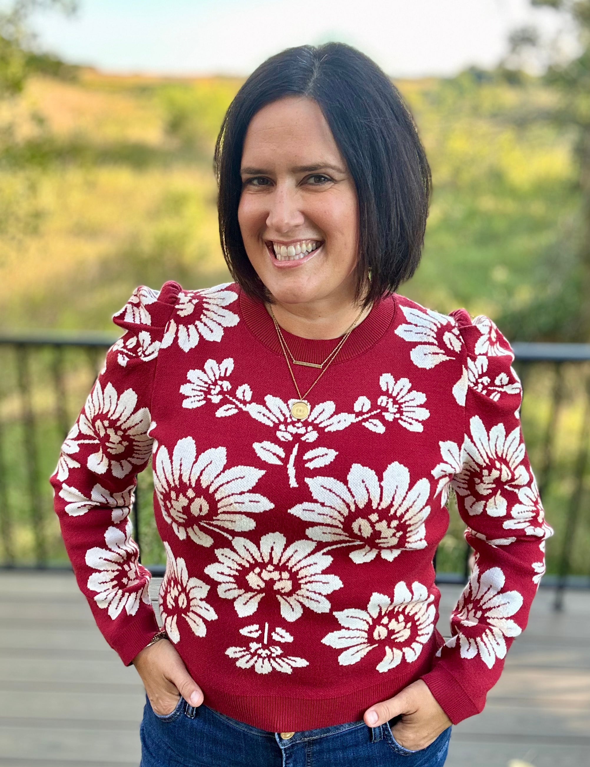 Burgundy Ivory Large Floral Puff Sleeve Knit Sweater Top - Sweater VOY