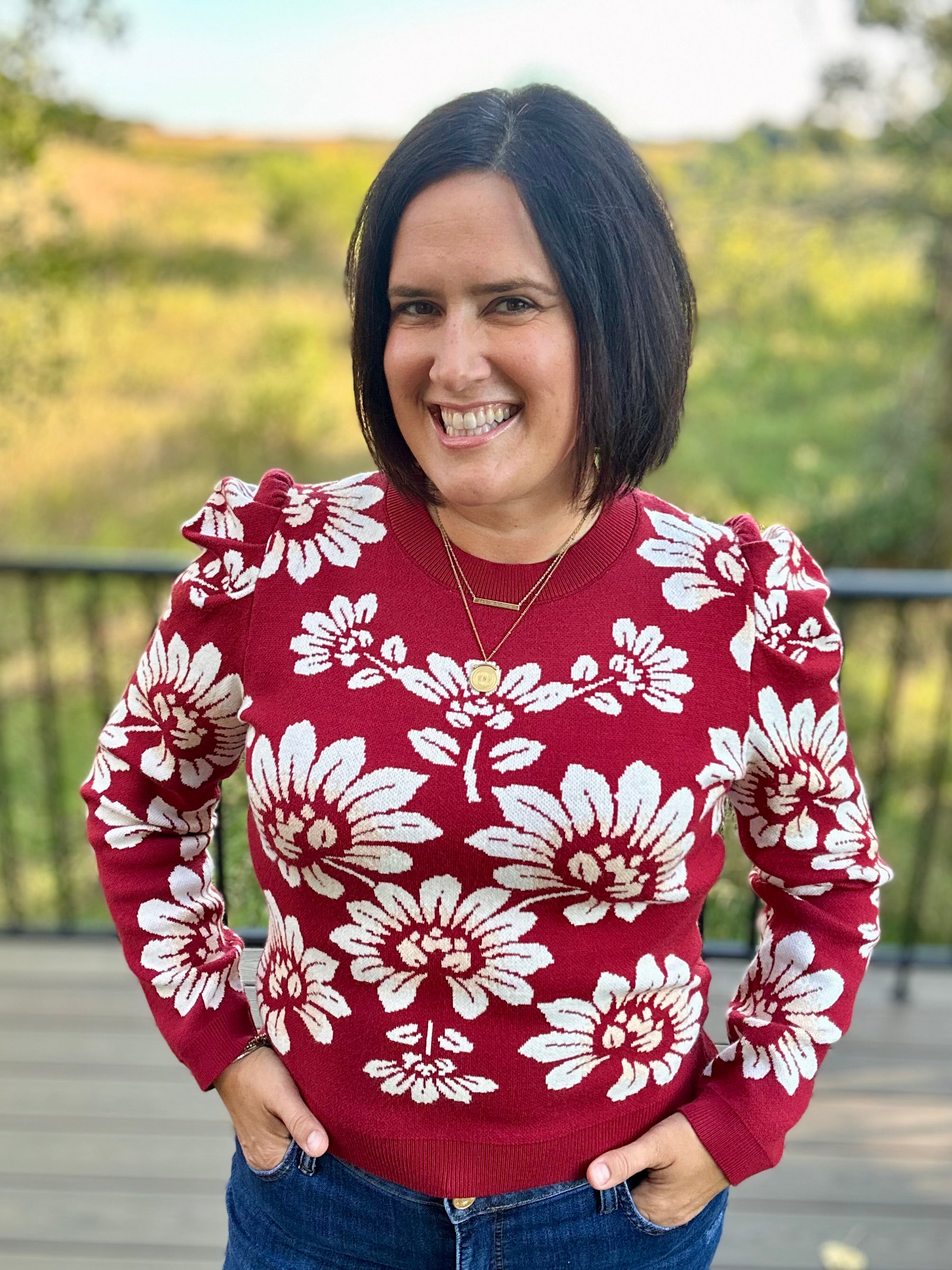 Burgundy Ivory Large Floral Puff Sleeve Knit Sweater Top - Sweater VOY