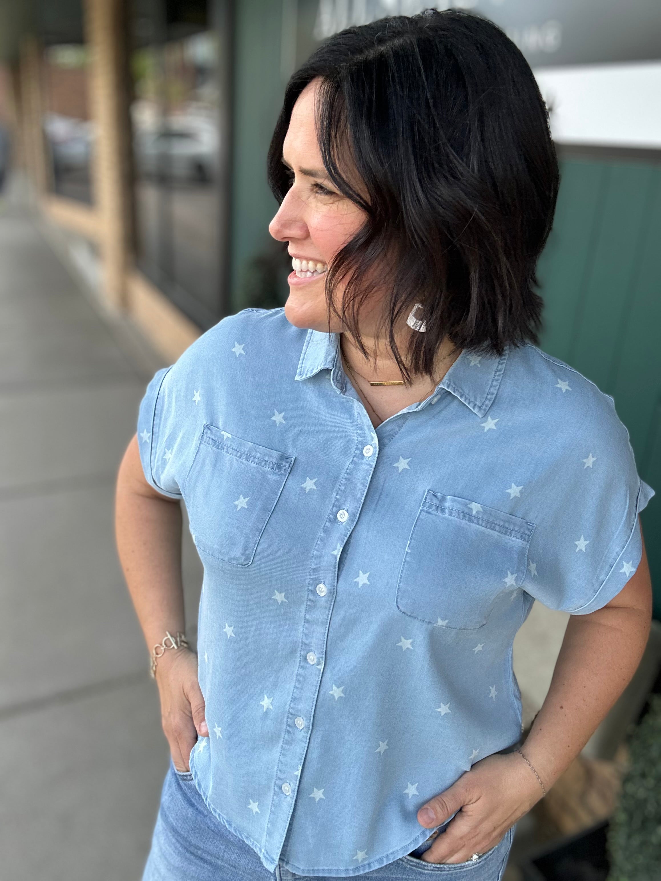 Light Denim Quincy Star Button Down Top Tops - Button Ups FLAG AND ANTHEM