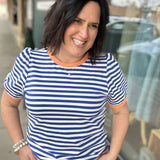 Royal & White Striped Puff Sleeve Top Tops- Sweatshirts JODIFL