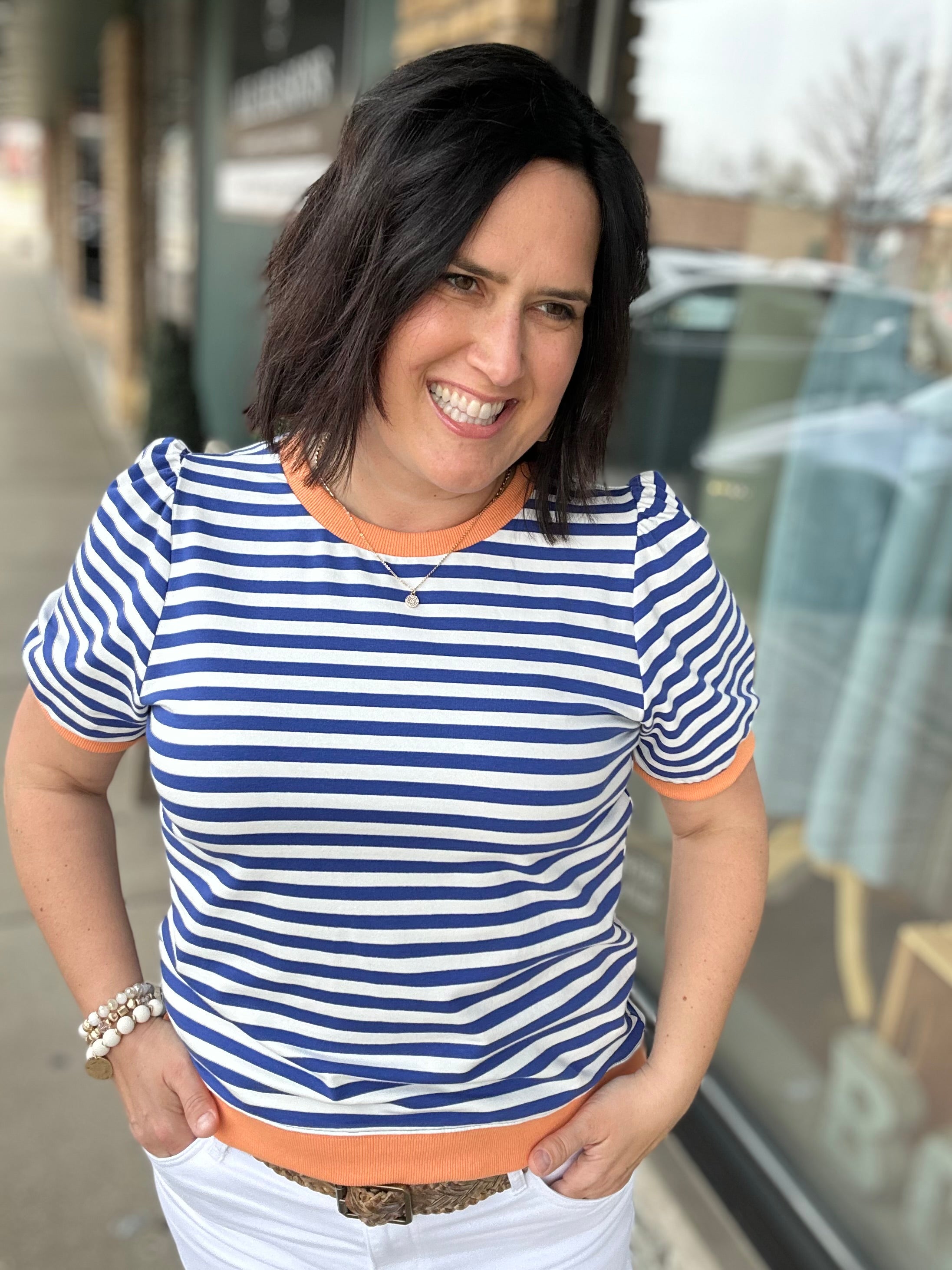 Royal & White Striped Puff Sleeve Top Tops- Sweatshirts JODIFL