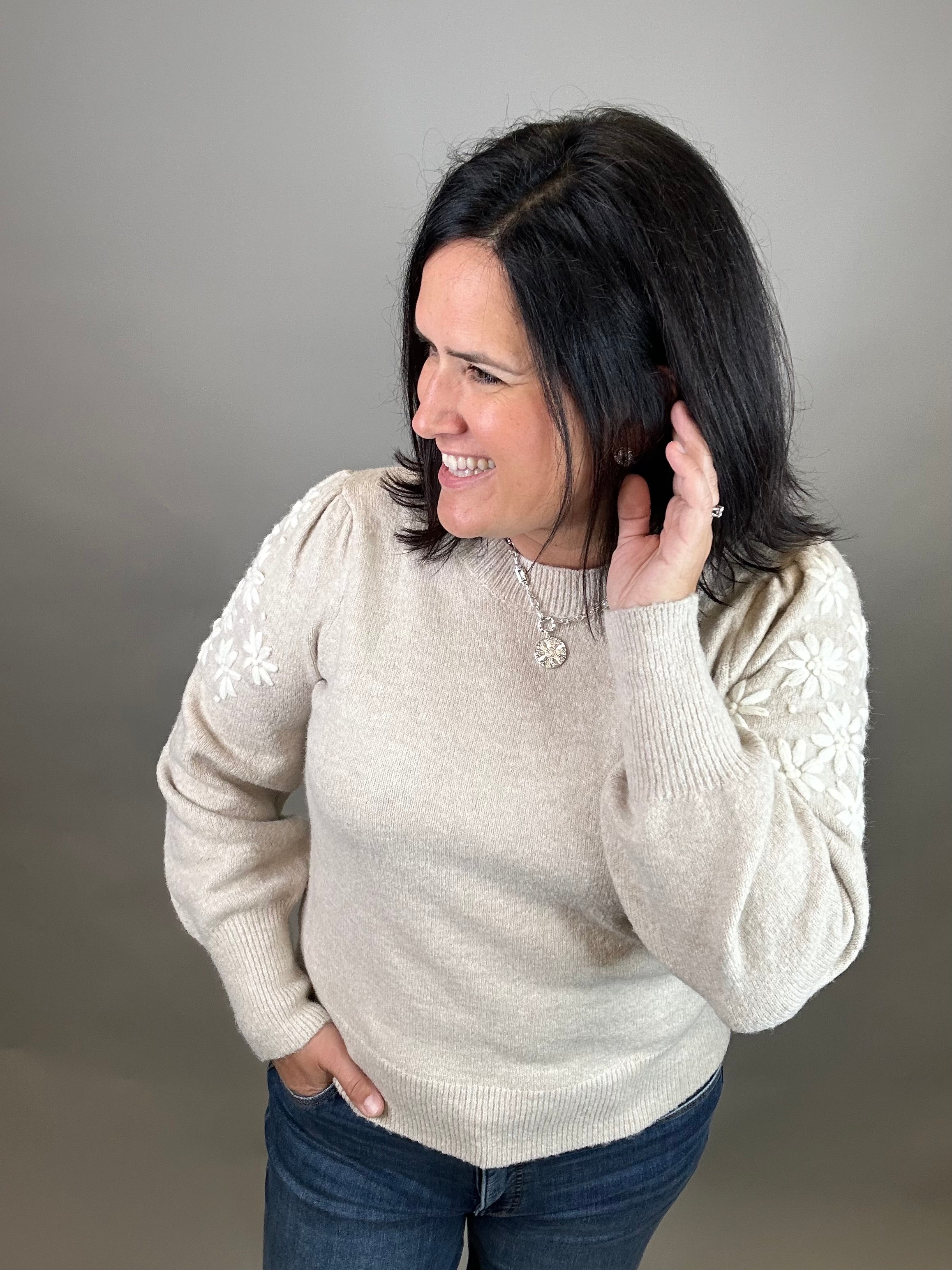 Floral Bubble Sleeve Sweater Top - Sweater HEM & THREAD