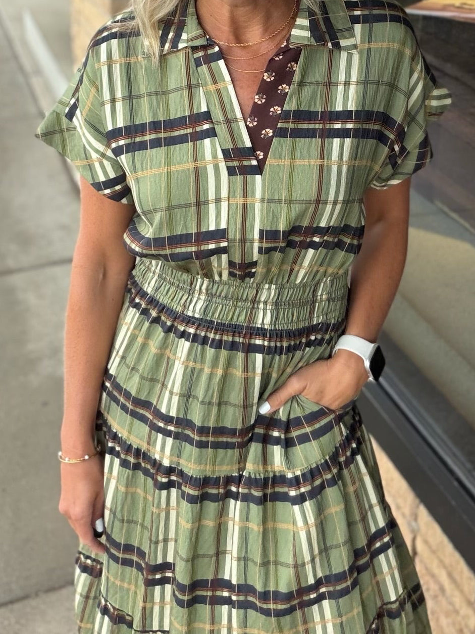Short Sleeve Cinched Plaid Dress THML