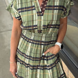 Short Sleeve Cinched Plaid Dress THML