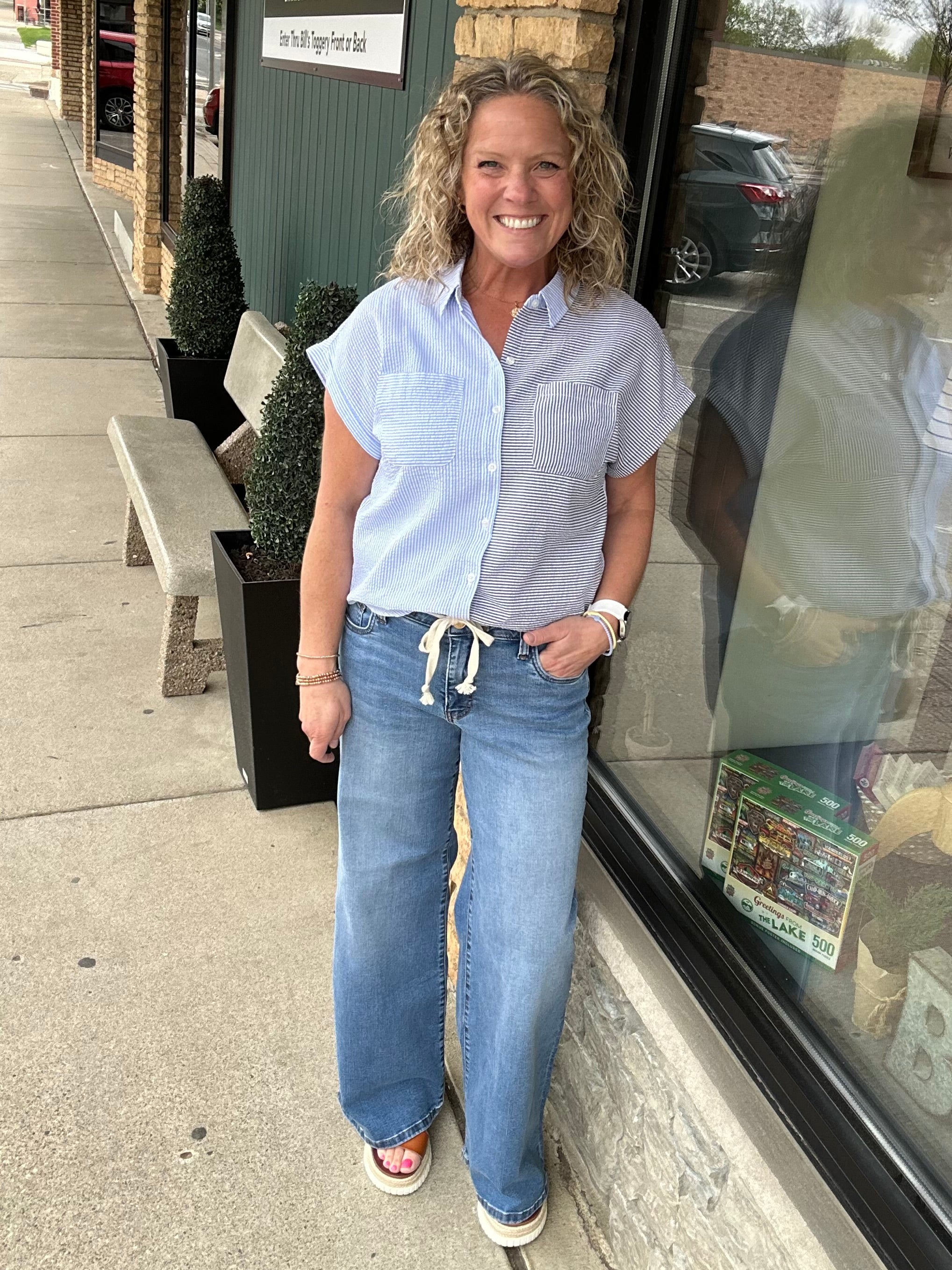 Blue Ramona Color Block Button Down Tops - Button Ups FLAG AND ANTHEM