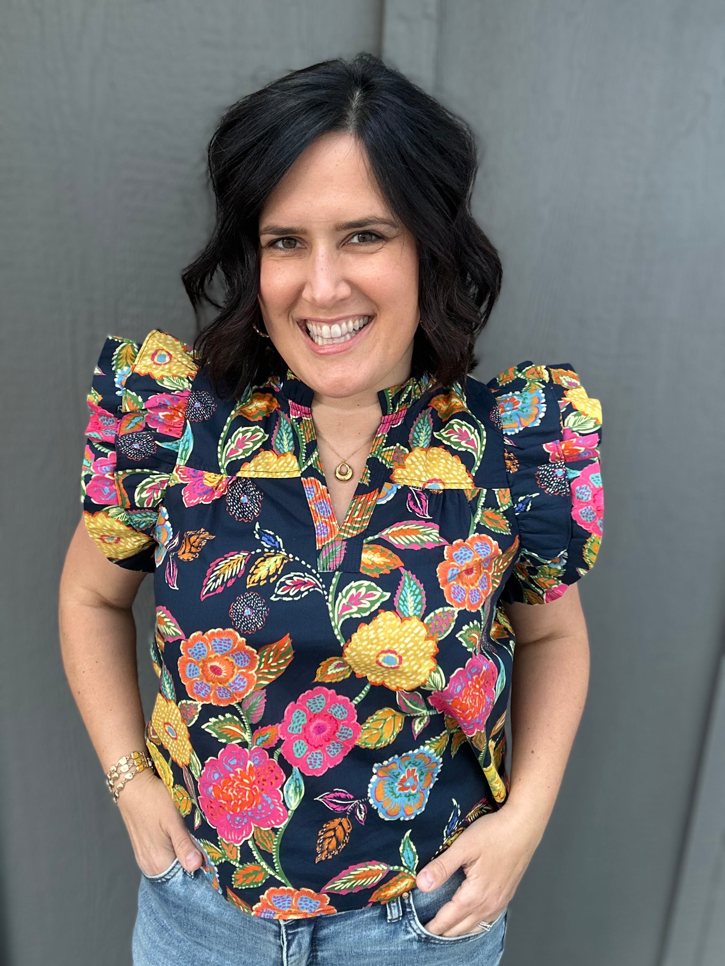 Ruffle Sleeve Floral Top Tops- Blouses THML
