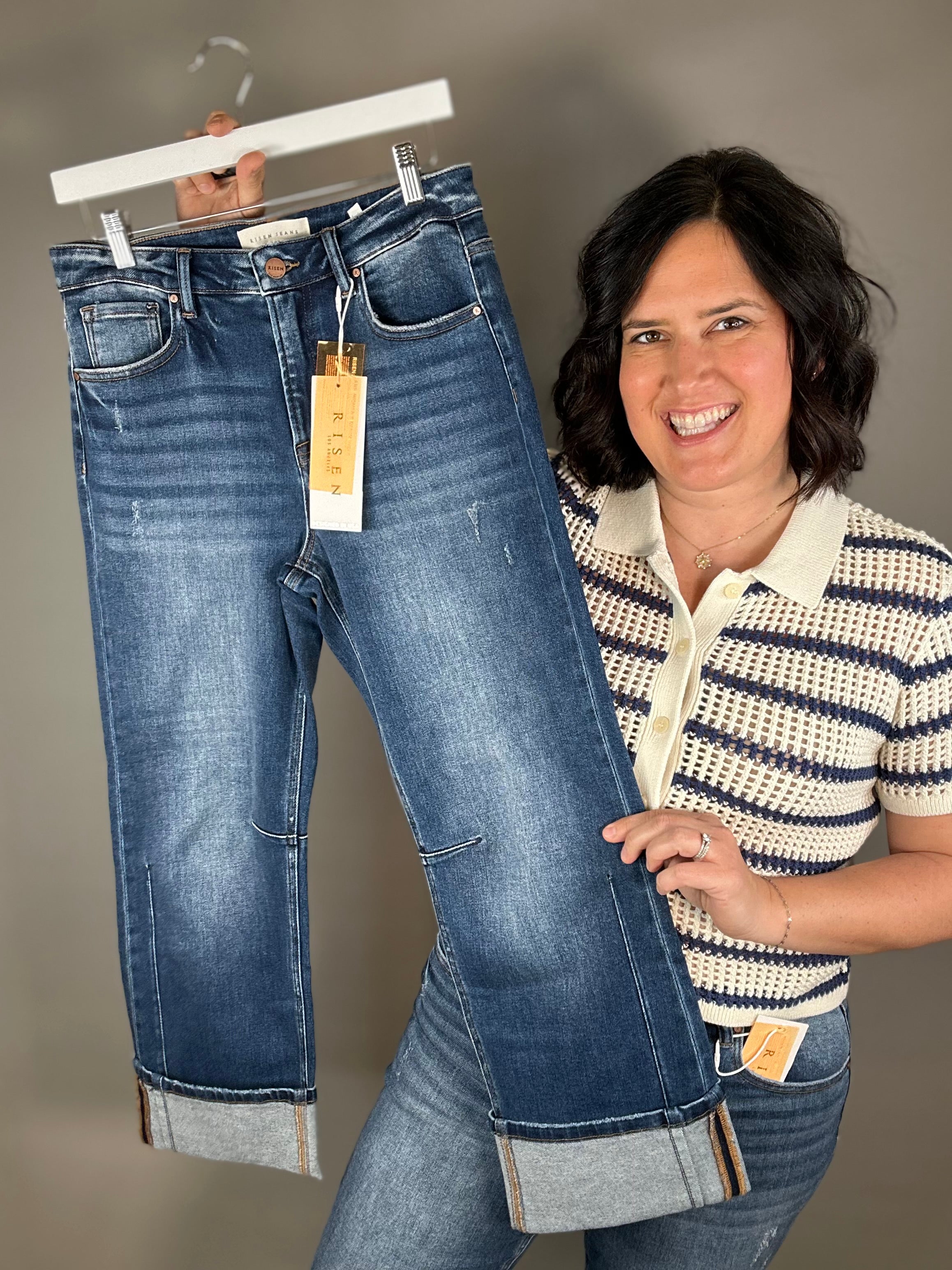 Dark High Rise Straight Cuff Hem Jeans Bottoms - Pants RISEN