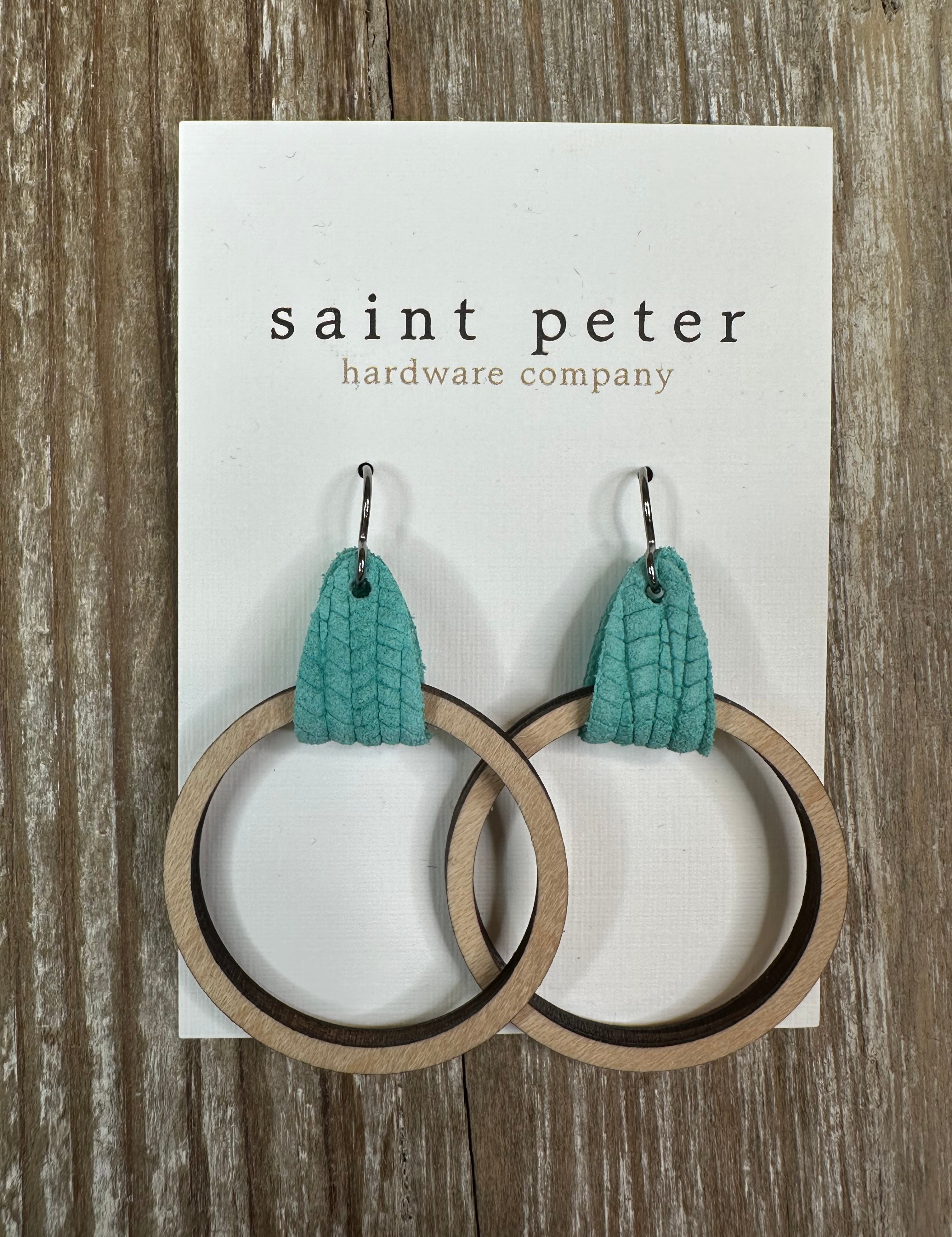 Medium Dark Circle Earrings w/ Teal Leather Jewelry - Earrings St. Peter Hardware