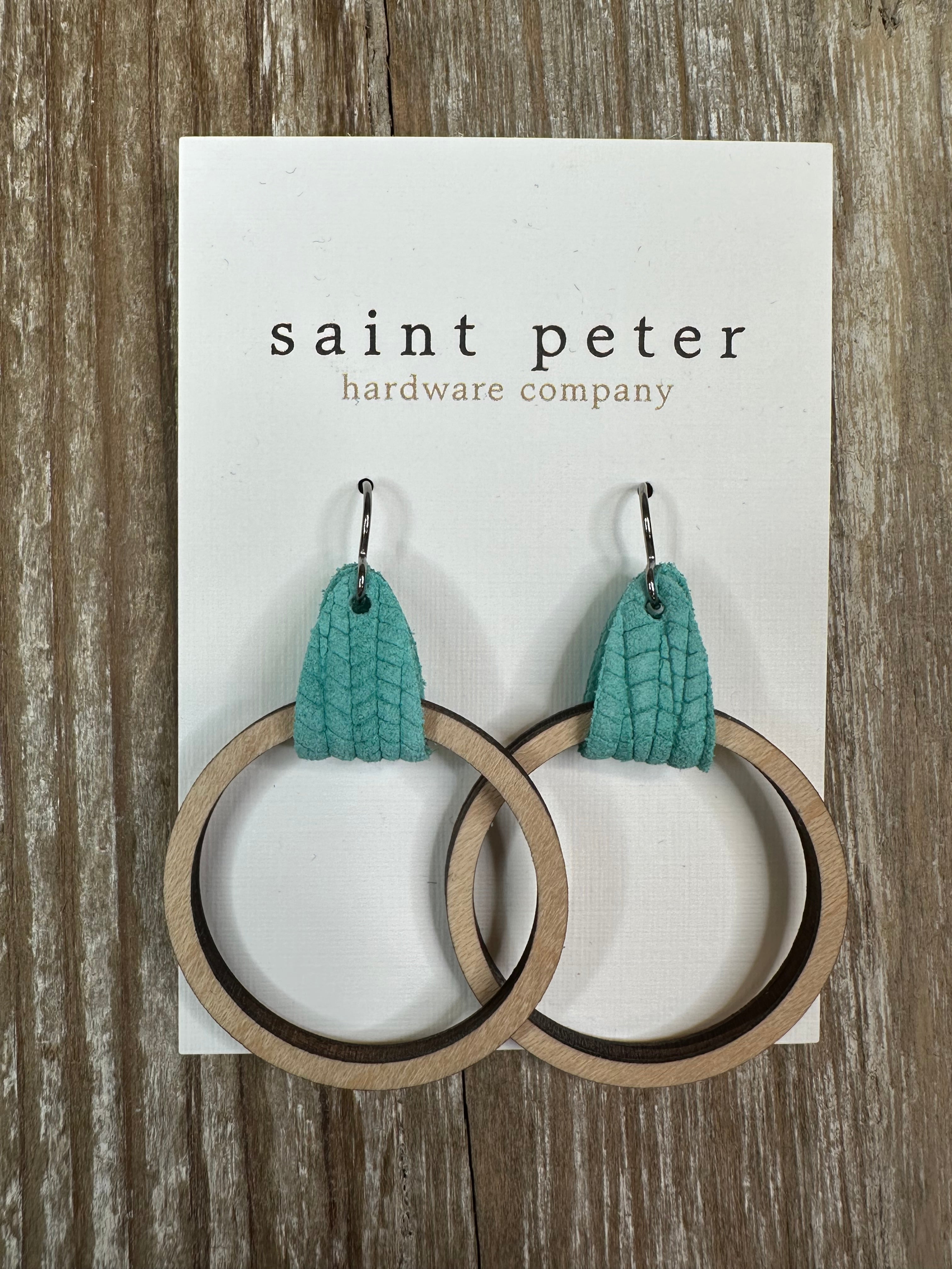 Medium Dark Circle Earrings w/ Teal Leather Jewelry - Earrings St. Peter Hardware