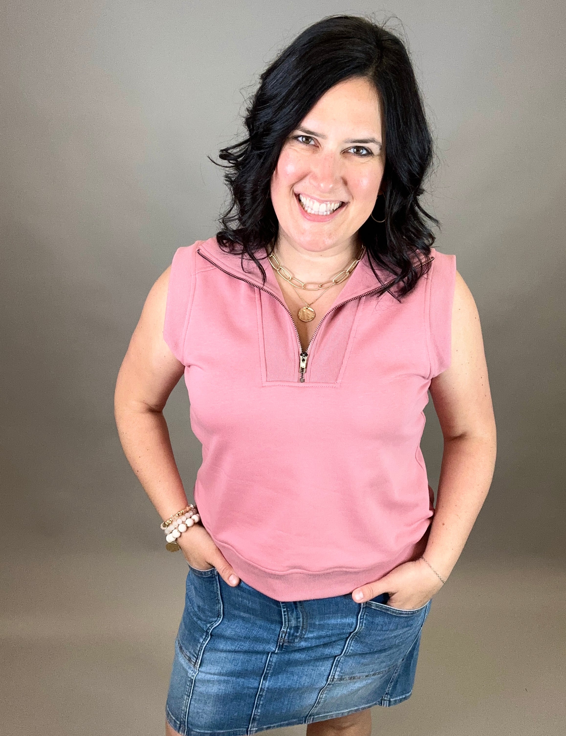 Rose Pink Zip Front Sleeveless Top Top- Sweatshirt DOE & RAE
