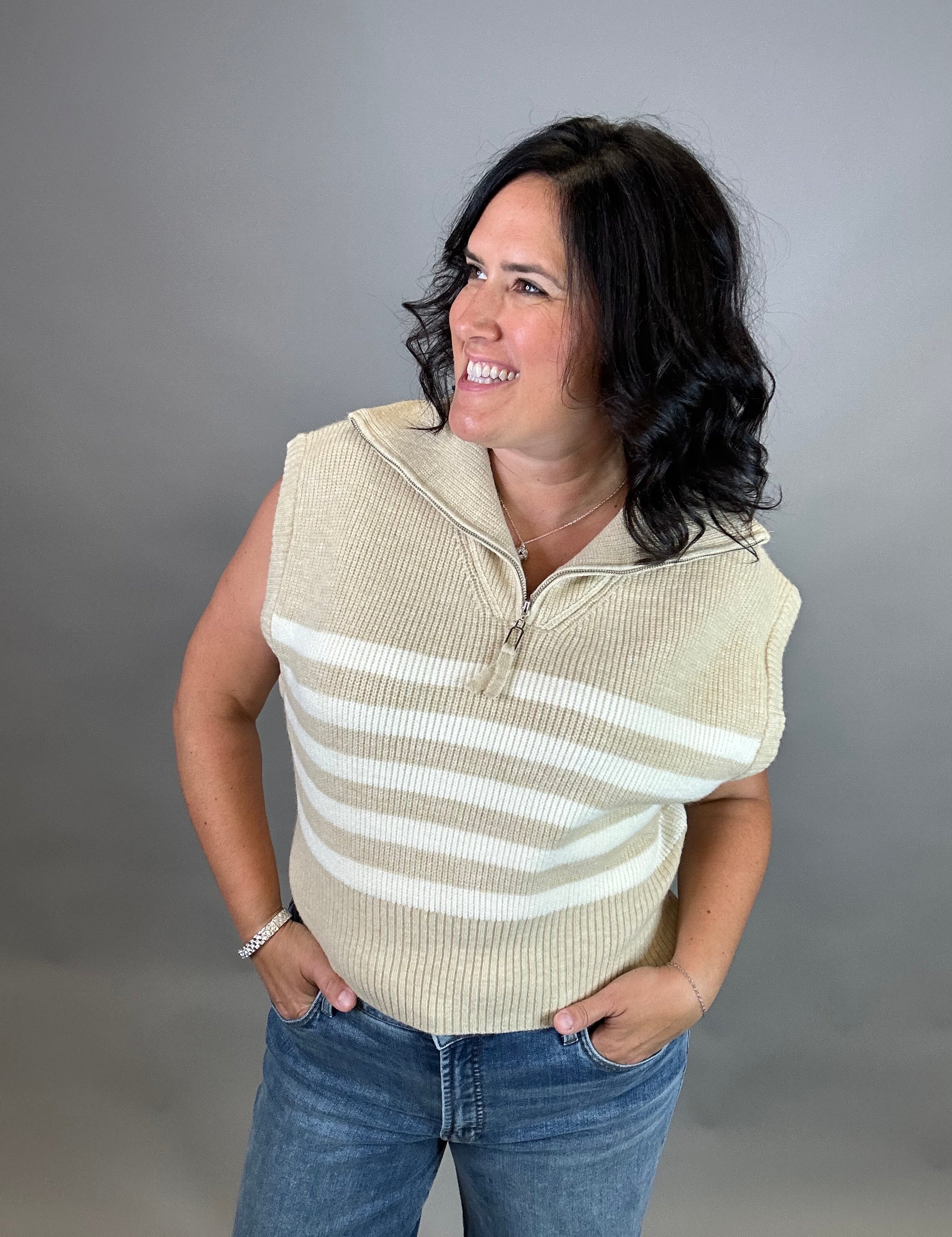 Beige Striped Half Zip Sweater Top Top - Sweater DOE & RAE