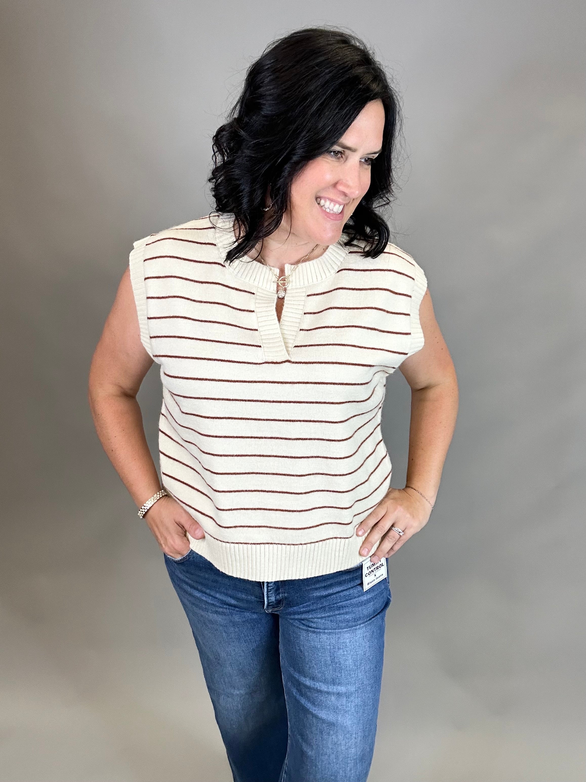 Cream/Rust Stripe Sweater Vest Top - Sweater WISHLIST