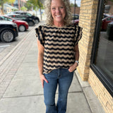 Camel & Black Wavy Stripe Ruffle Sleeve Top