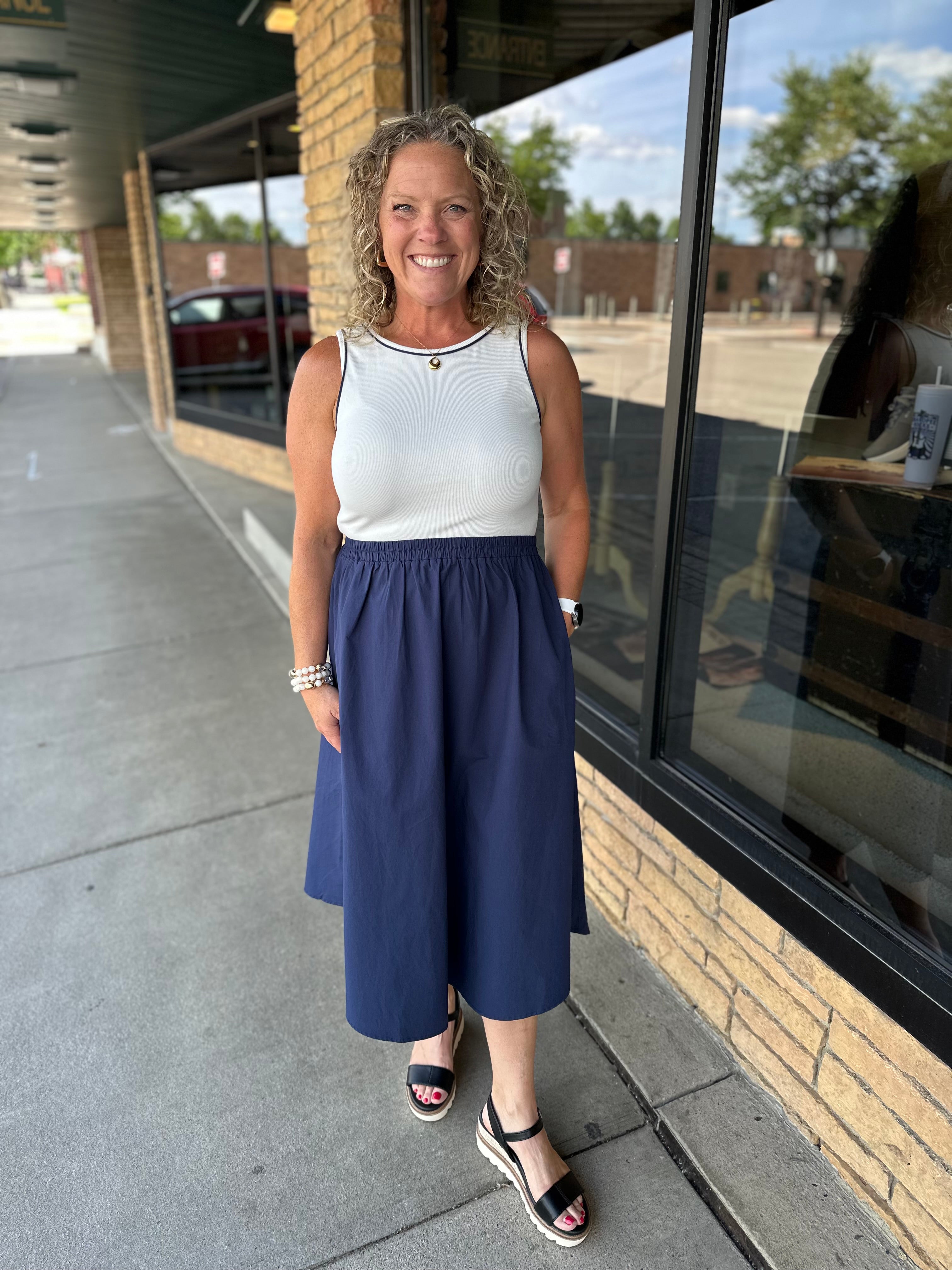 White & Navy Midi Dress Dresses DOE & RAE