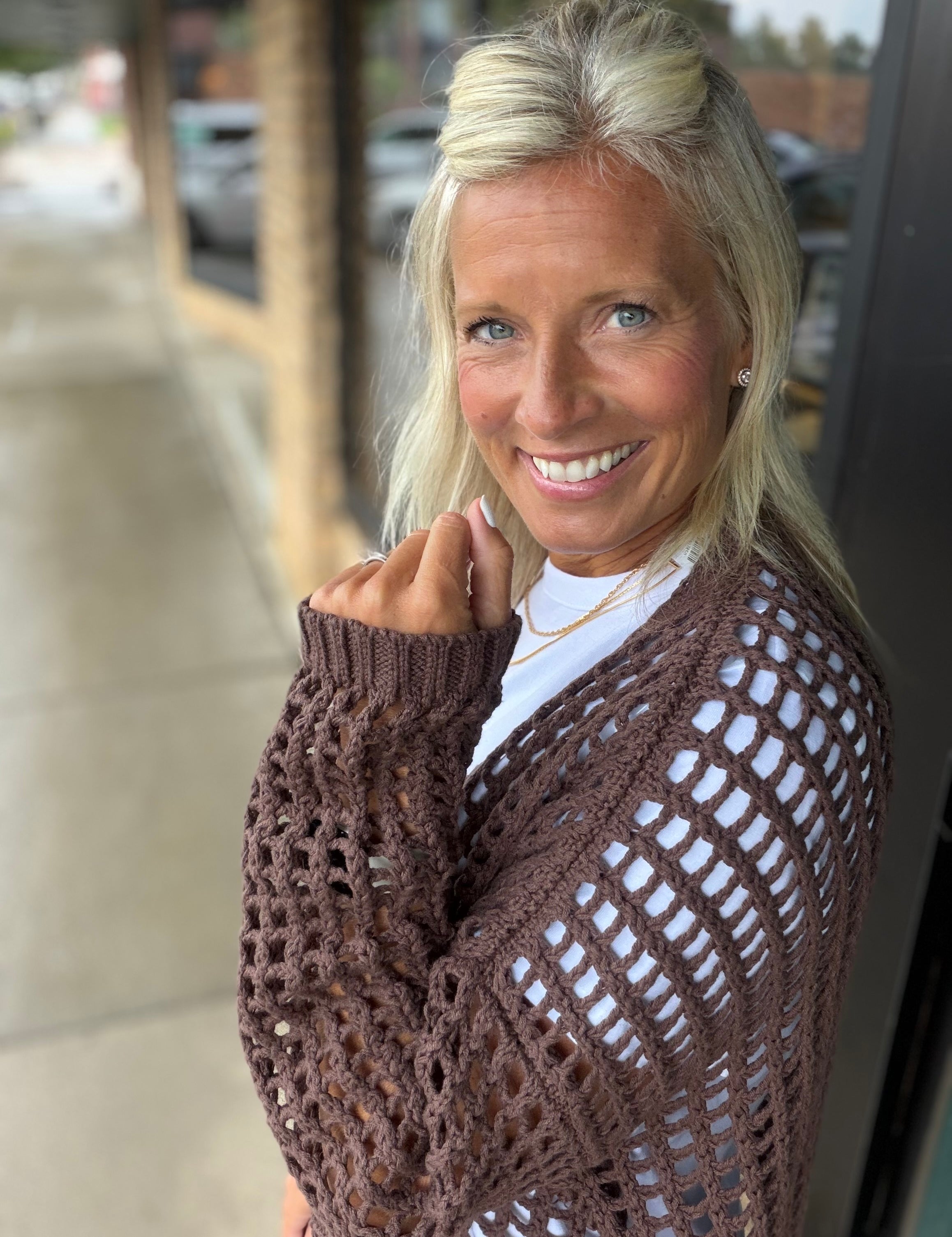 Espresso Crochet Open Cardigan DOE & RAE