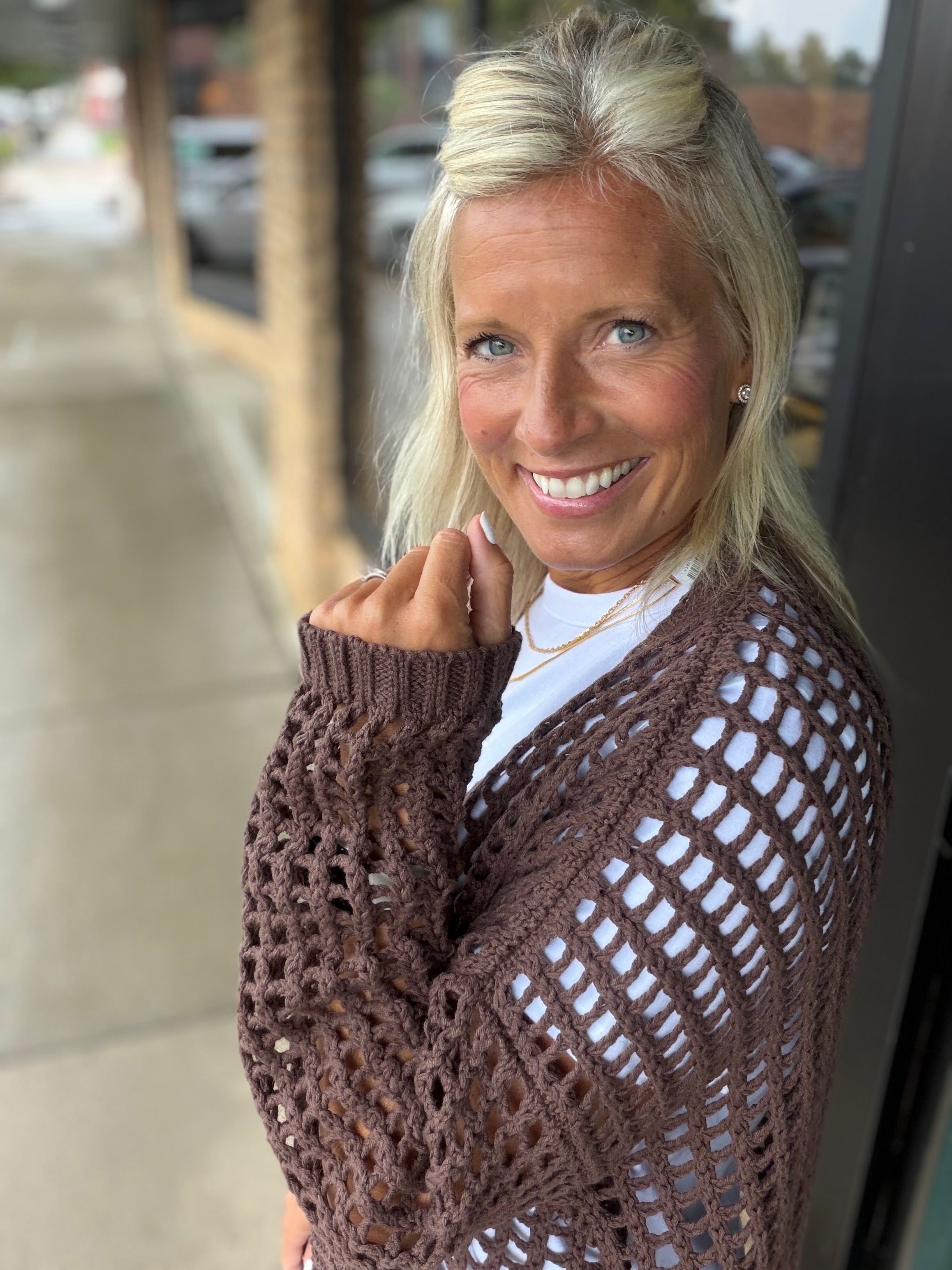Espresso Crochet Open Cardigan DOE & RAE