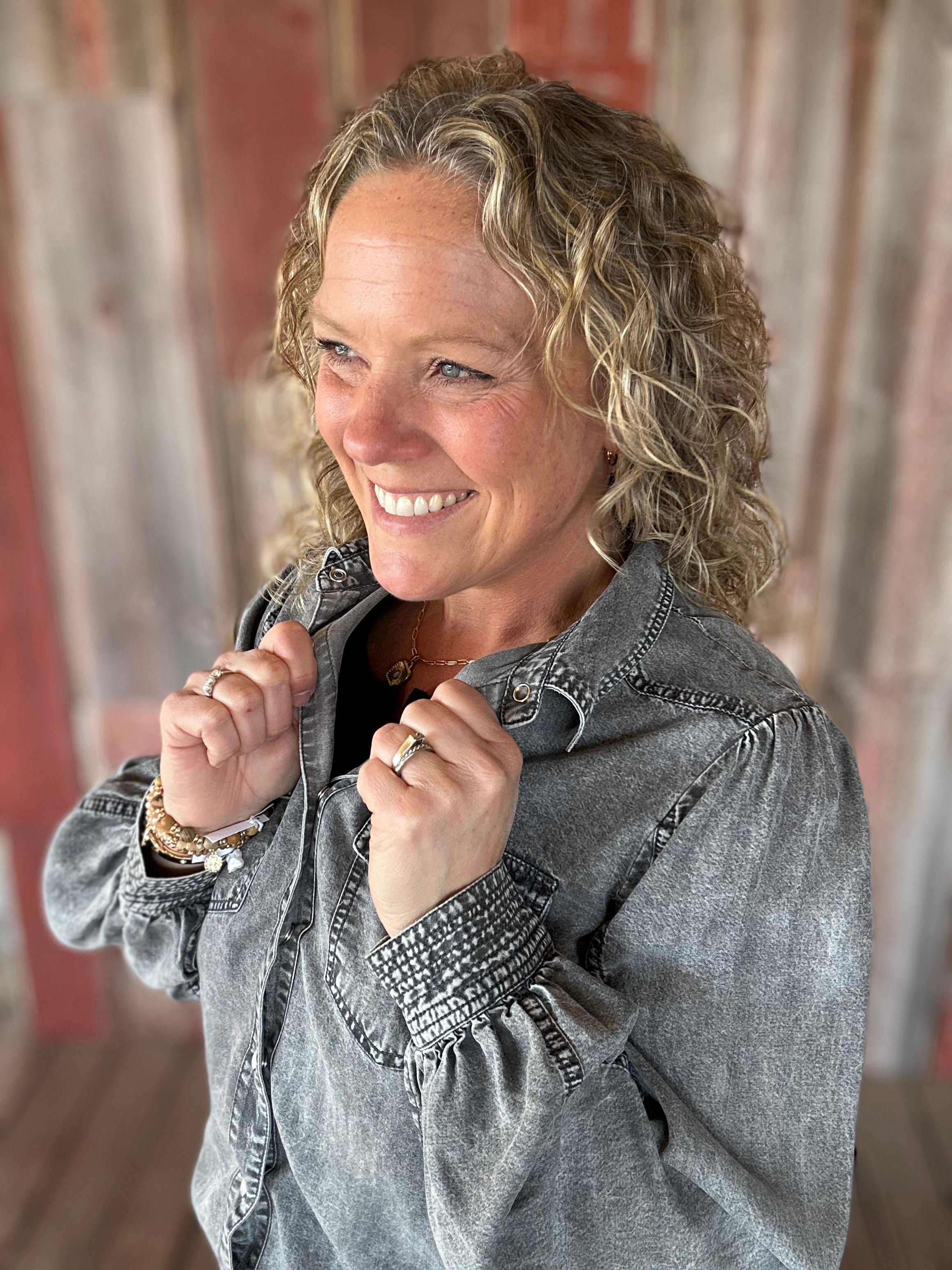 Black Denim Bubble Sleeve Tencel Shirt Tops - Button Ups DOE & RAE