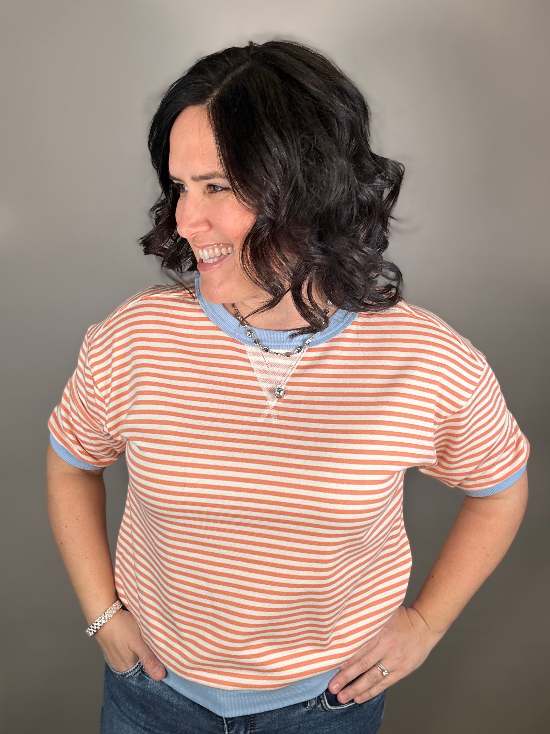Peach/Blue Elbow Sleeve Top Top - Tee STACCATO