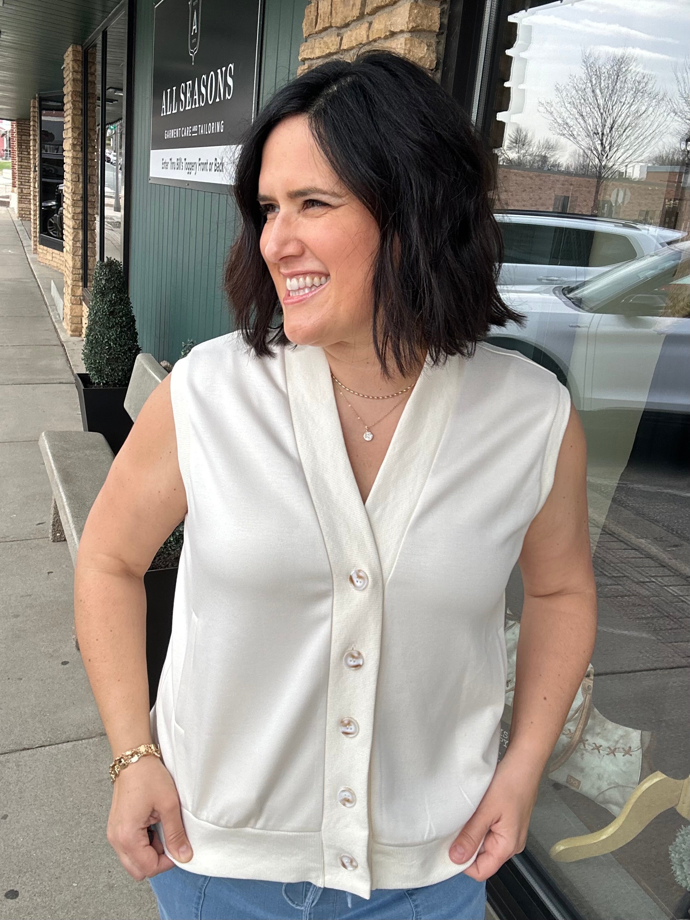 Ivory Button Front Vest Tops- Cardigans DOE & RAE