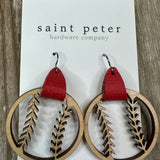 Baseball Earrings w/ Red Leather Jewelry - Earrings St. Peter Hardware