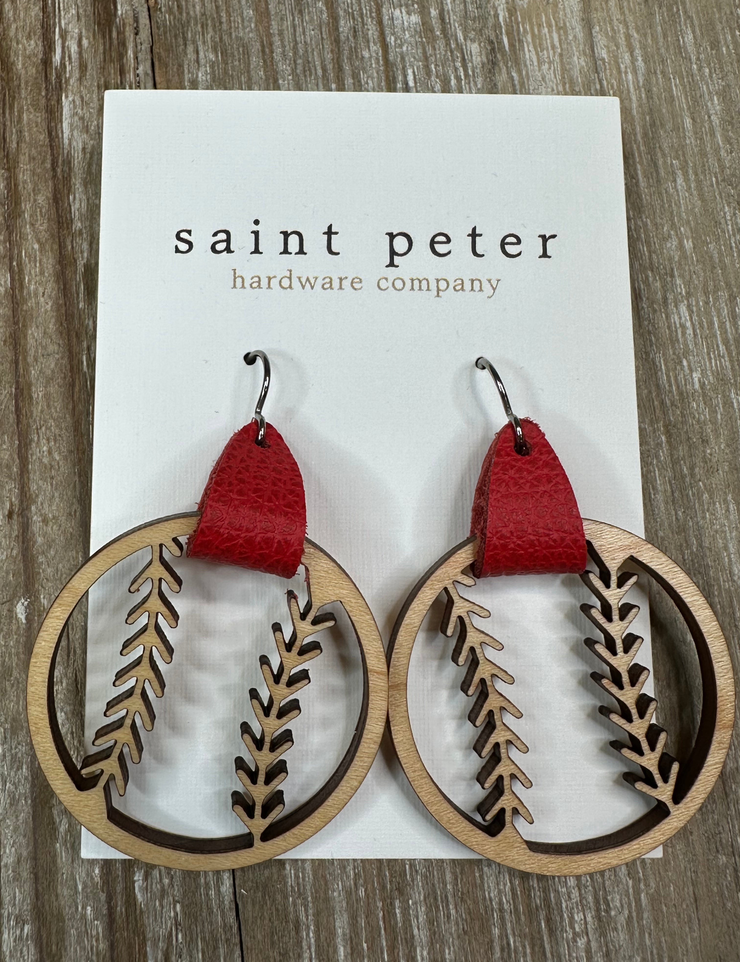 Baseball Earrings w/ Red Leather Jewelry - Earrings St. Peter Hardware