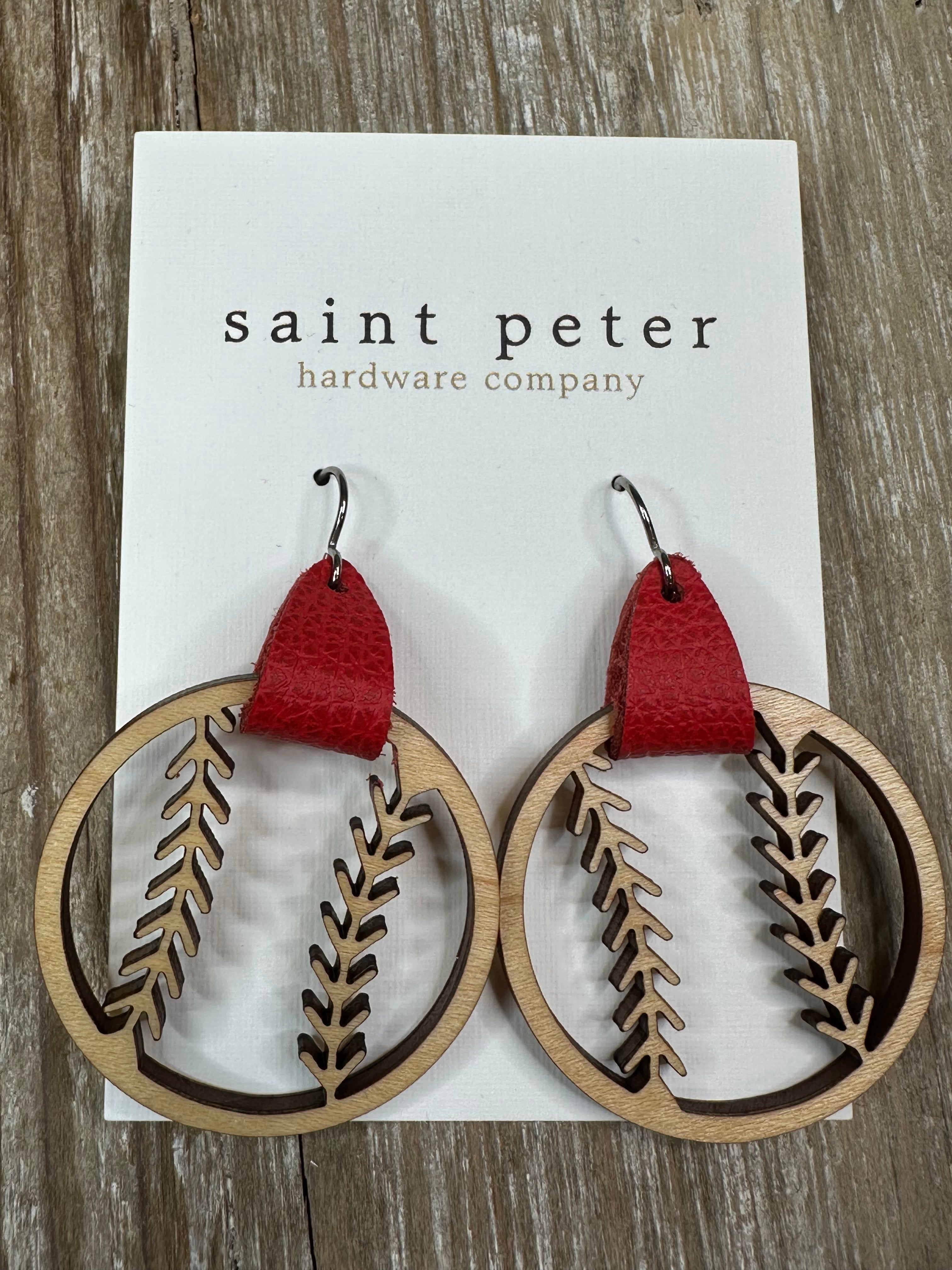 Baseball Earrings w/ Red Leather Jewelry - Earrings St. Peter Hardware