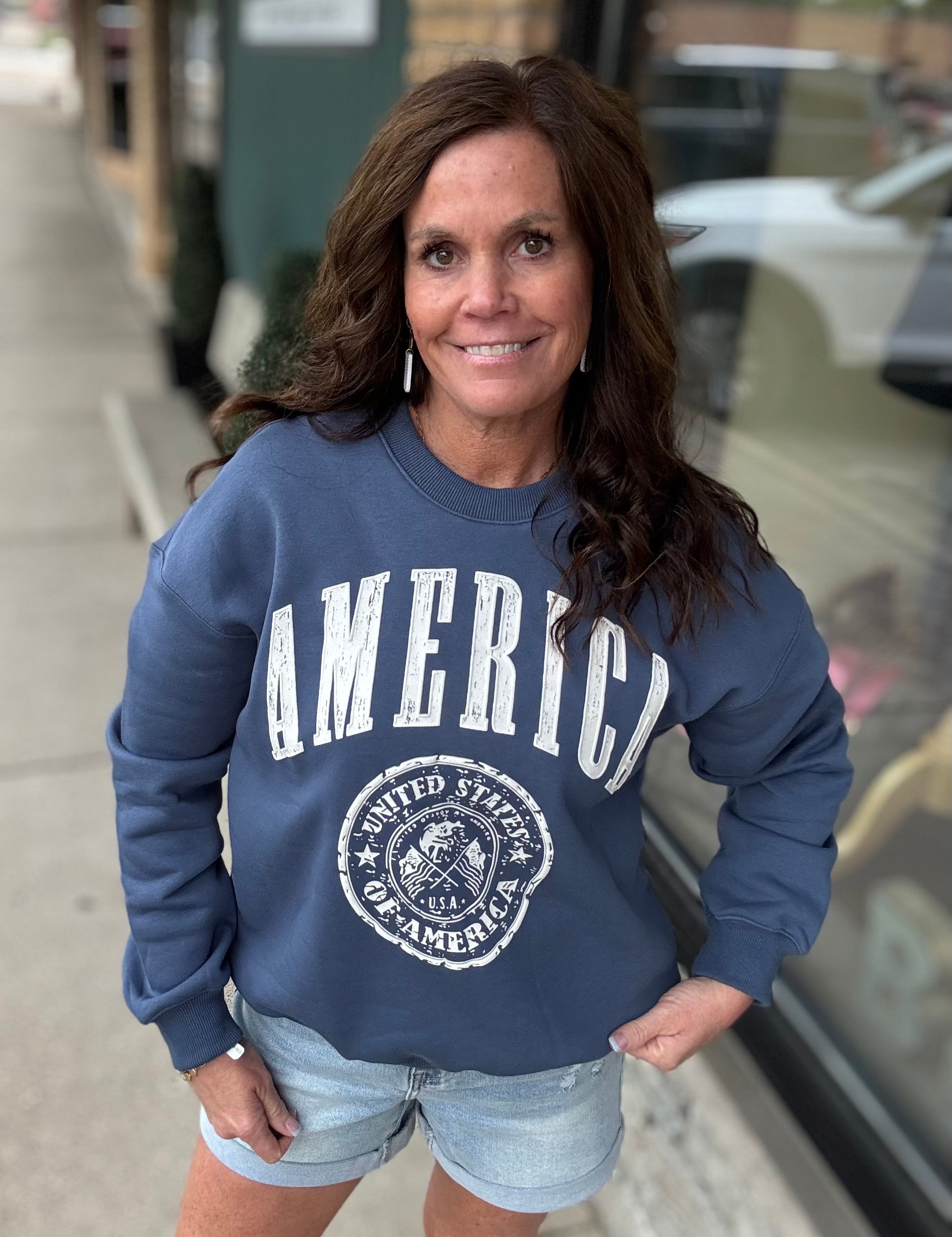 Navy America Graphic Fleece Sweatshirt Top- Sweatshirt BUCKETLIST