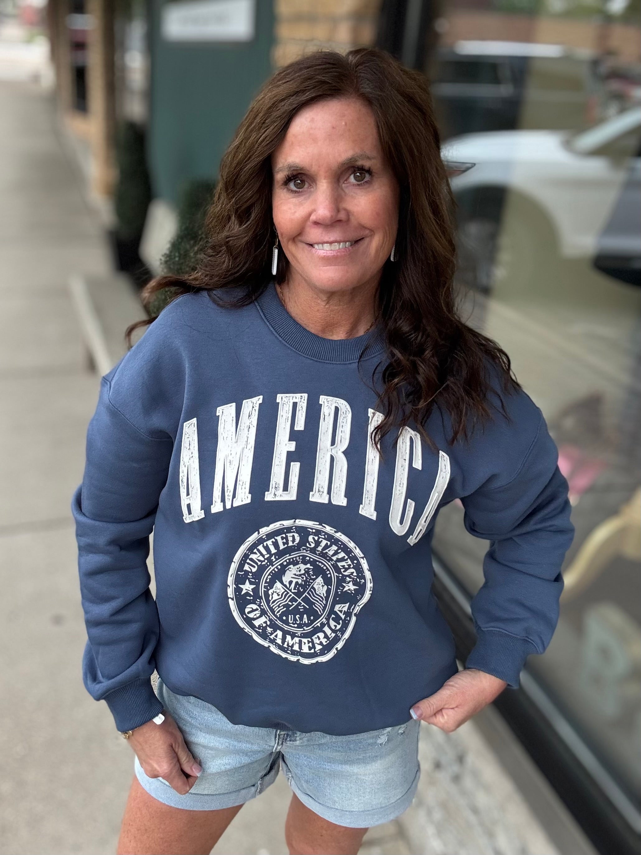 Navy America Graphic Fleece Sweatshirt Top- Sweatshirt BUCKETLIST