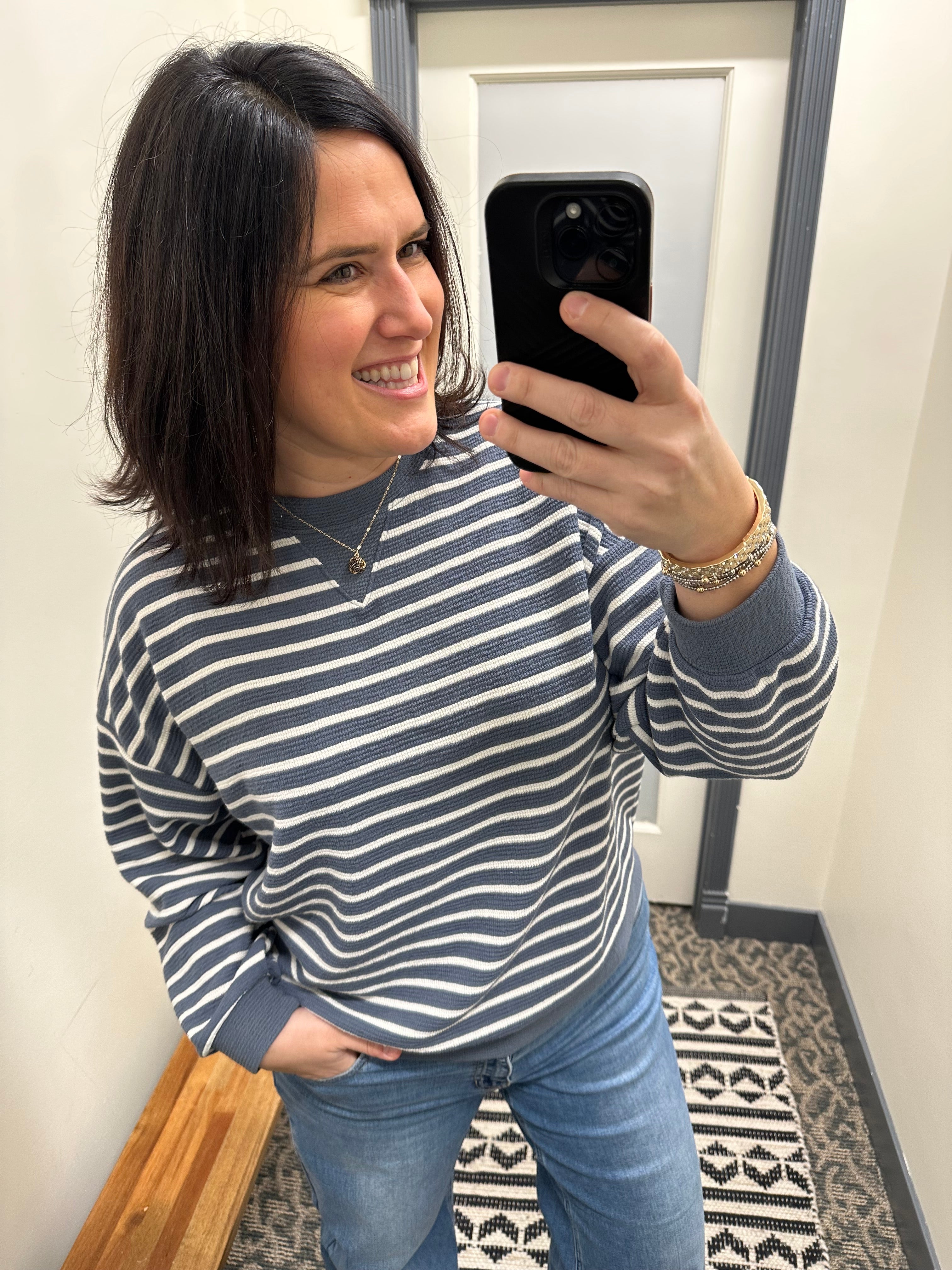 Denim Cloudy Knit Stripe Sweatshirt Top- Sweatshirt TRES BIEN