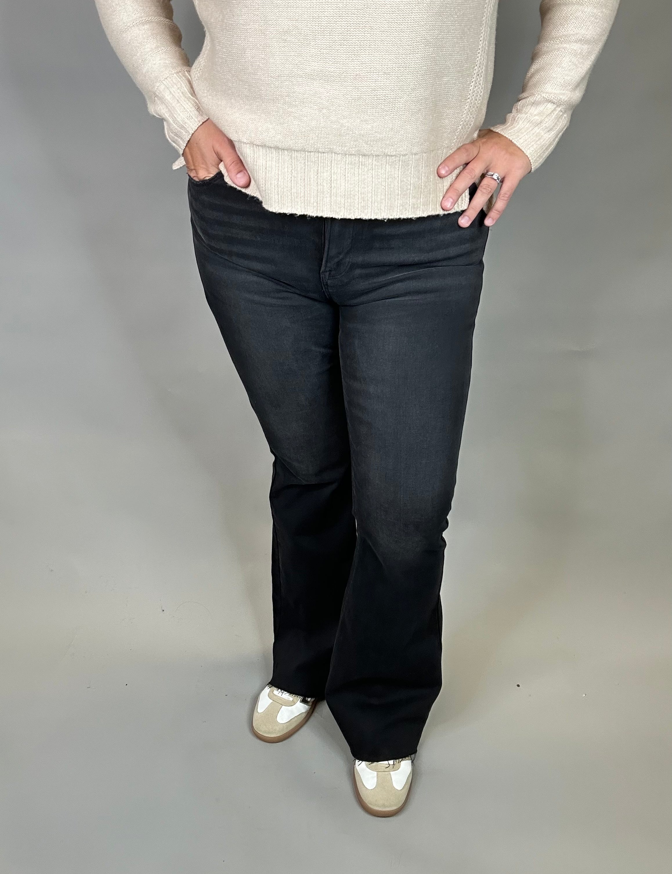 Black Raw Hem Flare Jean Bottoms - Pants RISEN