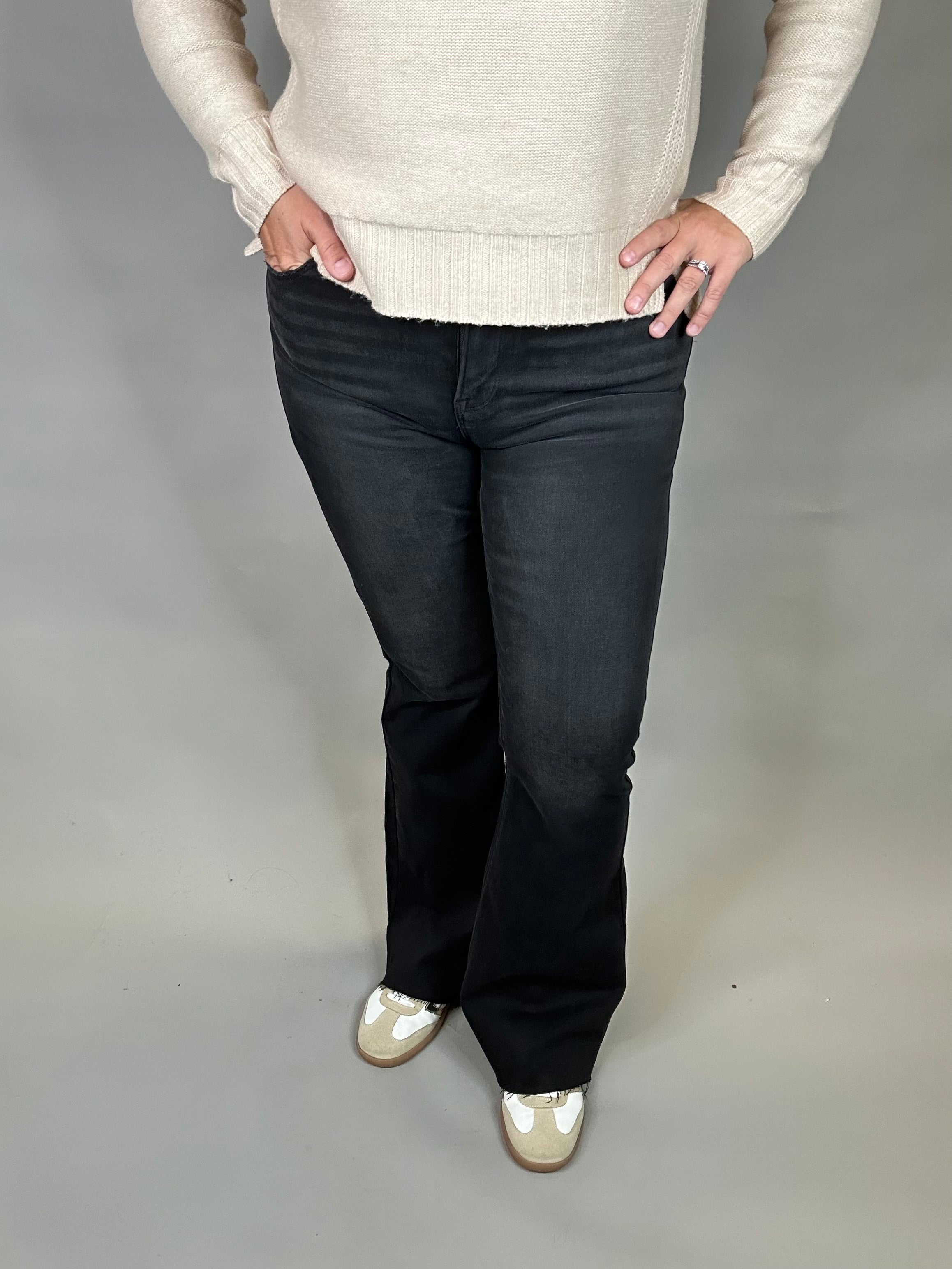Black Raw Hem Flare Jean Bottoms - Pants RISEN