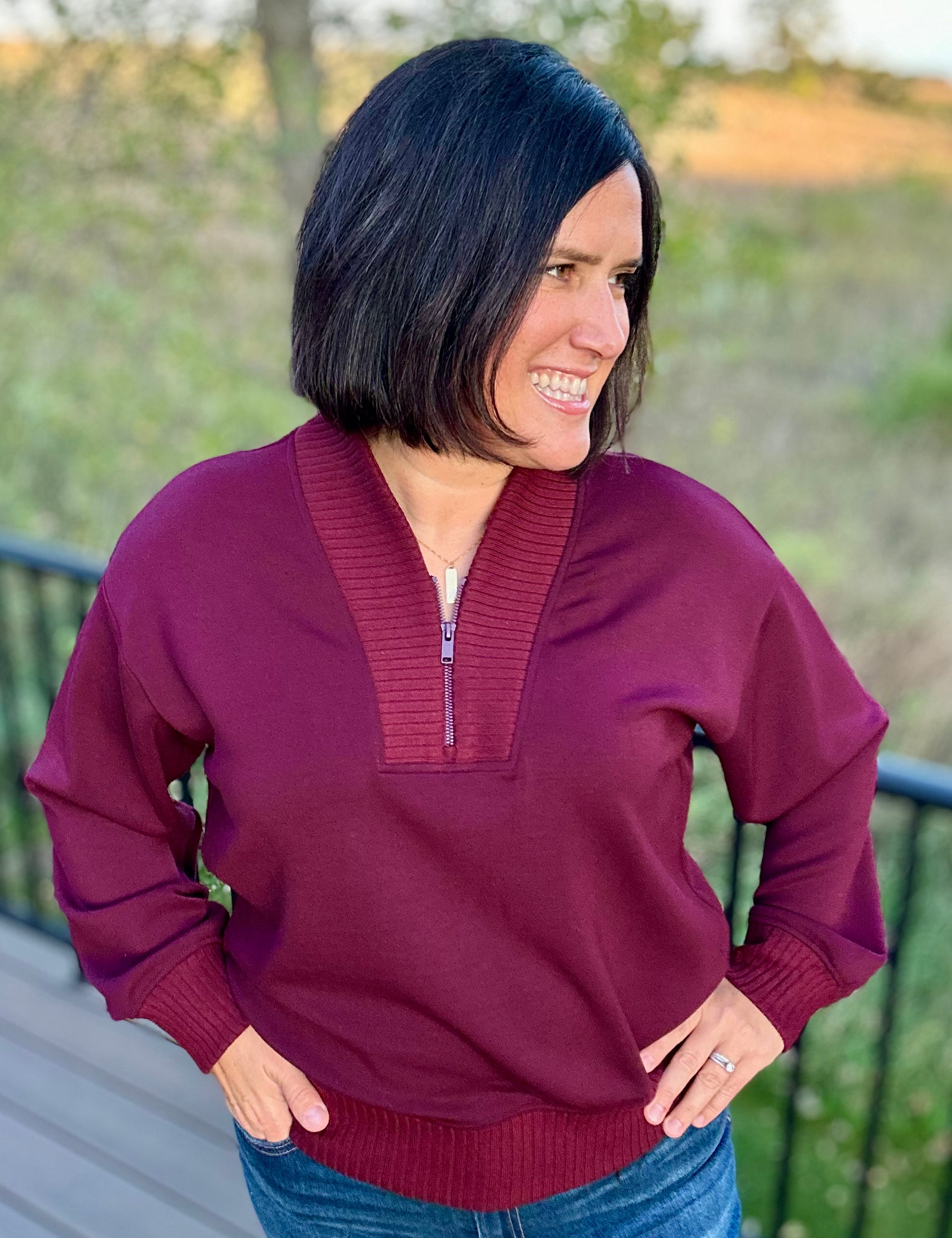 Dark Cherry Quarter Zip Pullover Tops- Sweaters RAE MODE