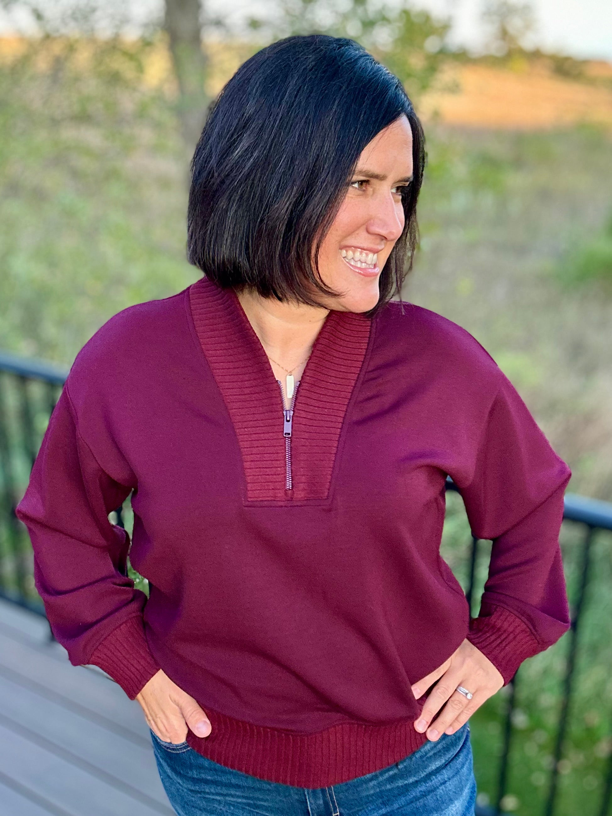 Dark Cherry Quarter Zip Pullover Tops- Sweaters RAE MODE