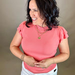 Coral Rib Ruffled Top Tops- Blouses DOE & RAE