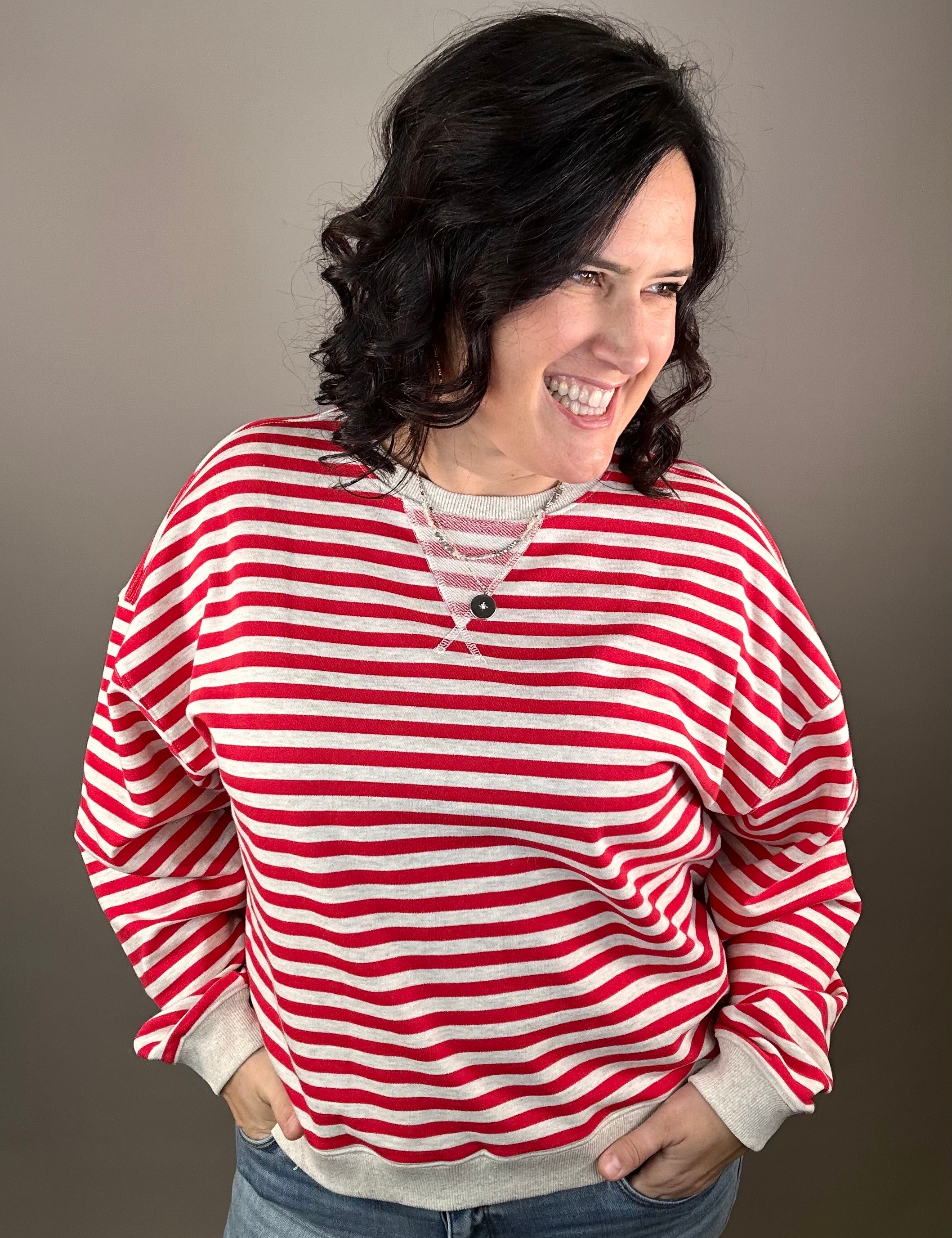 Red/Grey Striped Pullover Top- Sweatshirt MIOU MUSE