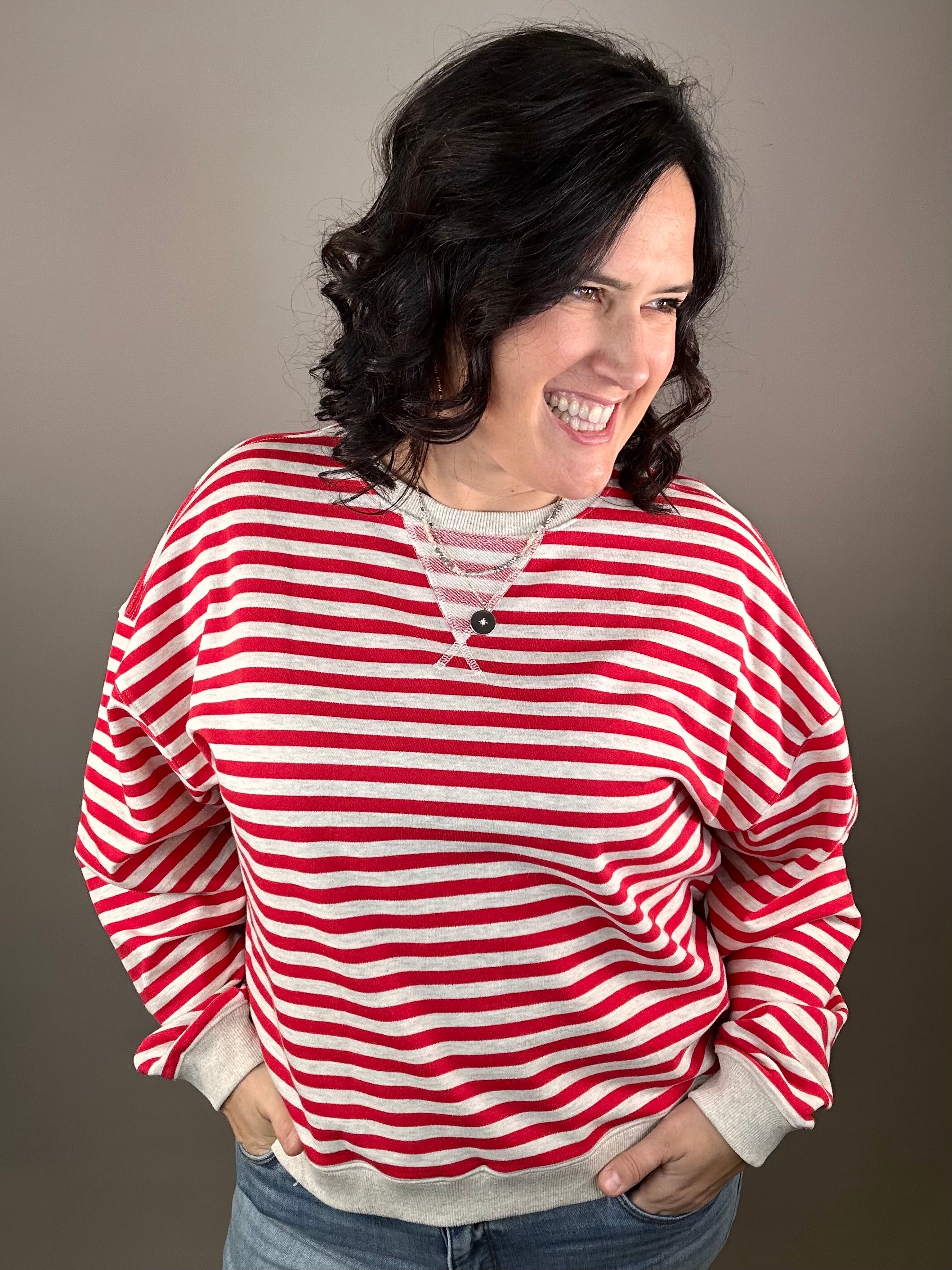 Red/Grey Striped Pullover Top- Sweatshirt MIOU MUSE