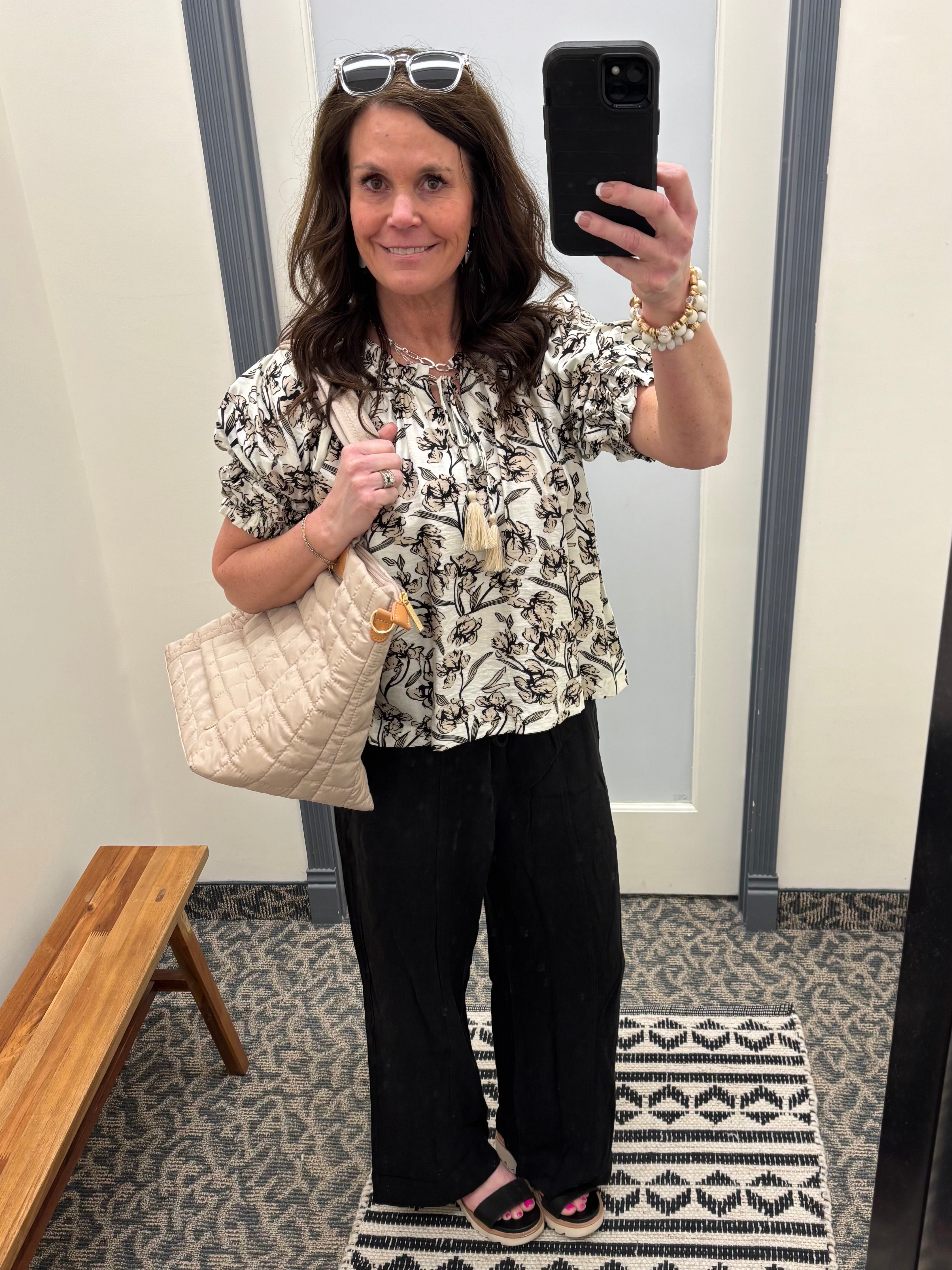 Taupe Bubble Sleeve Swing Top Tops- Blouses DOE & RAE