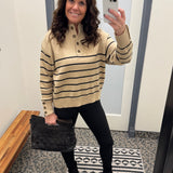 Mocha Striped Half Button Sweater Top - Sweater MIOU MUSE