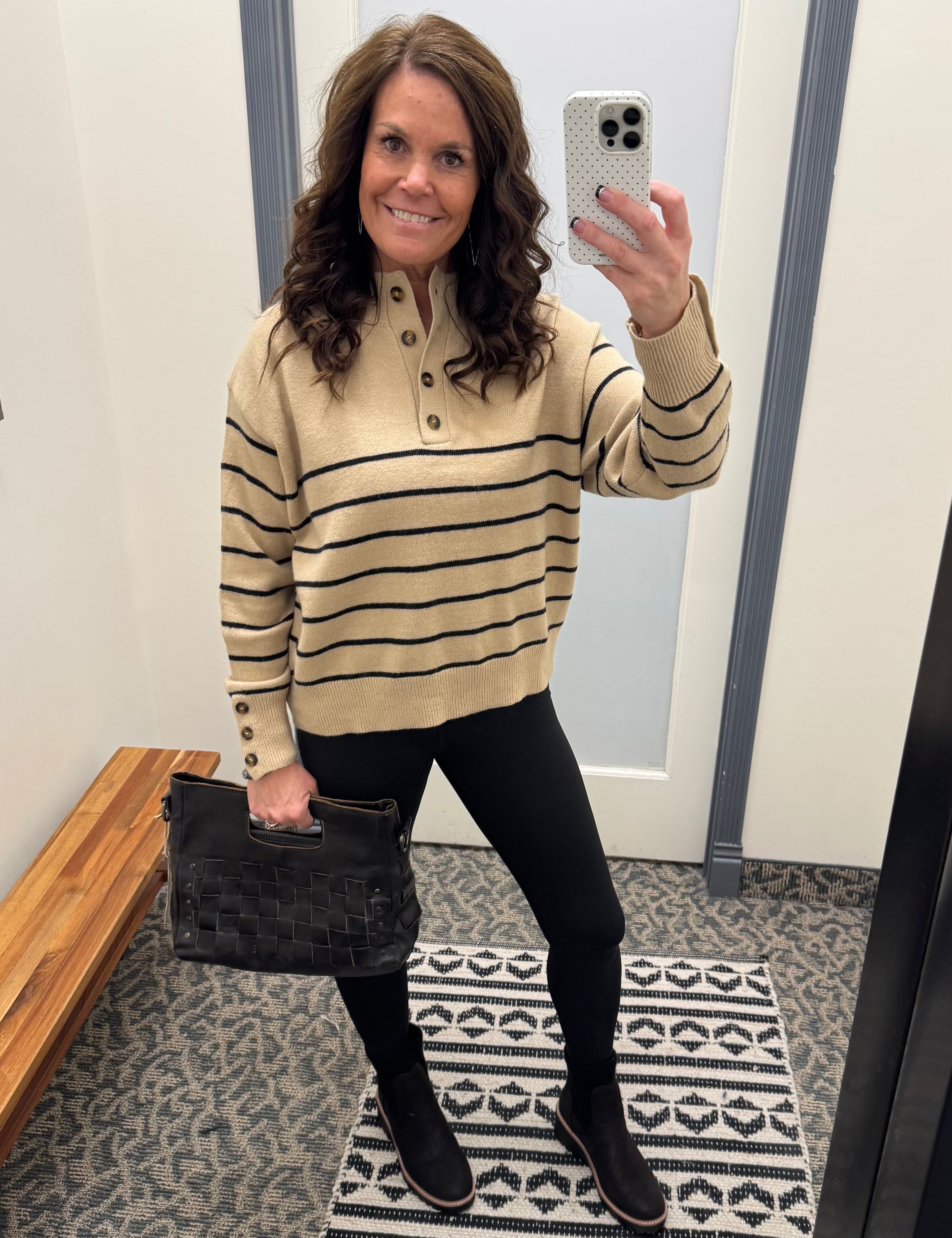 Mocha Striped Half Button Sweater Top - Sweater MIOU MUSE