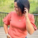 Sunset Orange Bubble Sleeve Knit Top Top - Sweater VOY