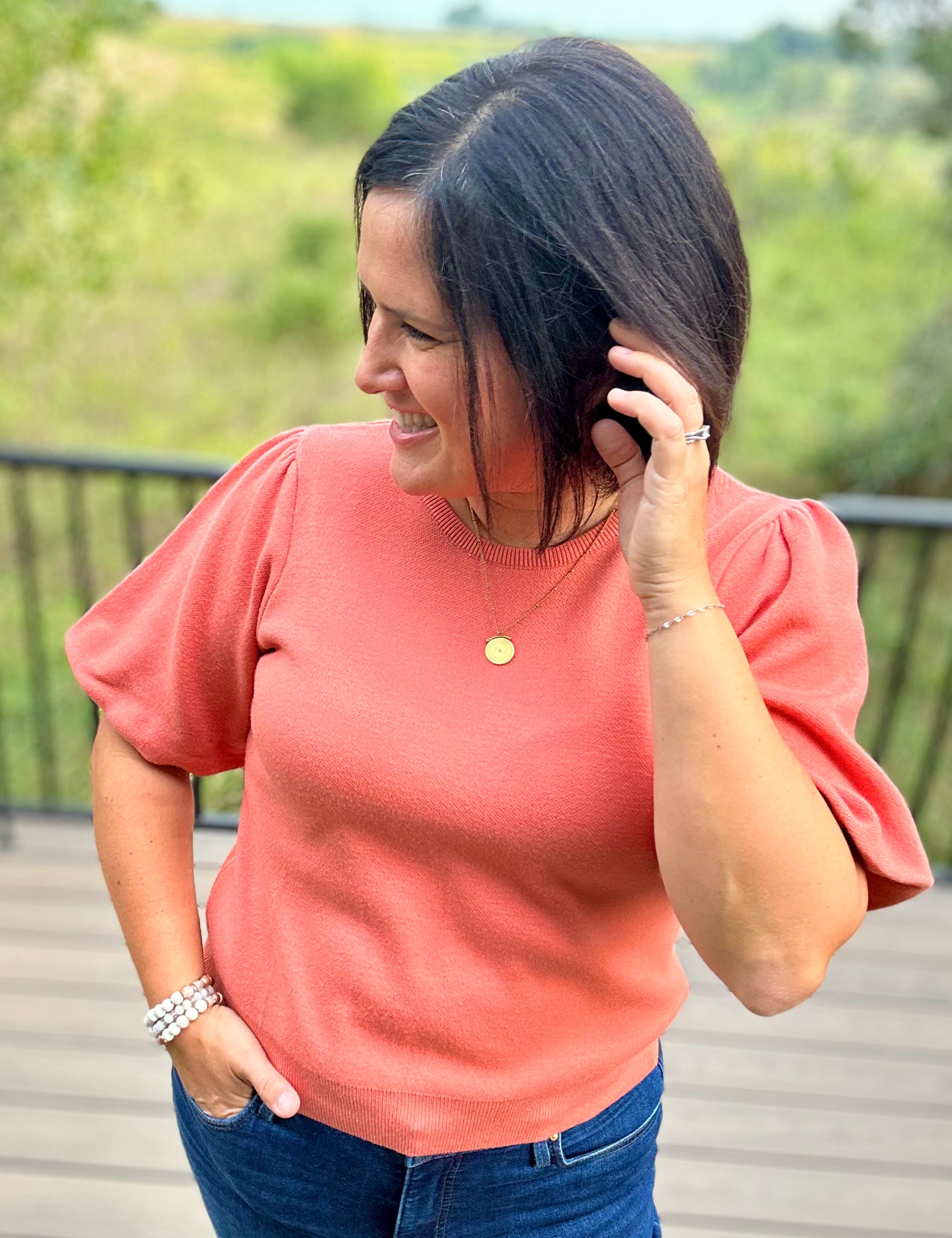 Sunset Orange Bubble Sleeve Knit Top Top - Sweater VOY
