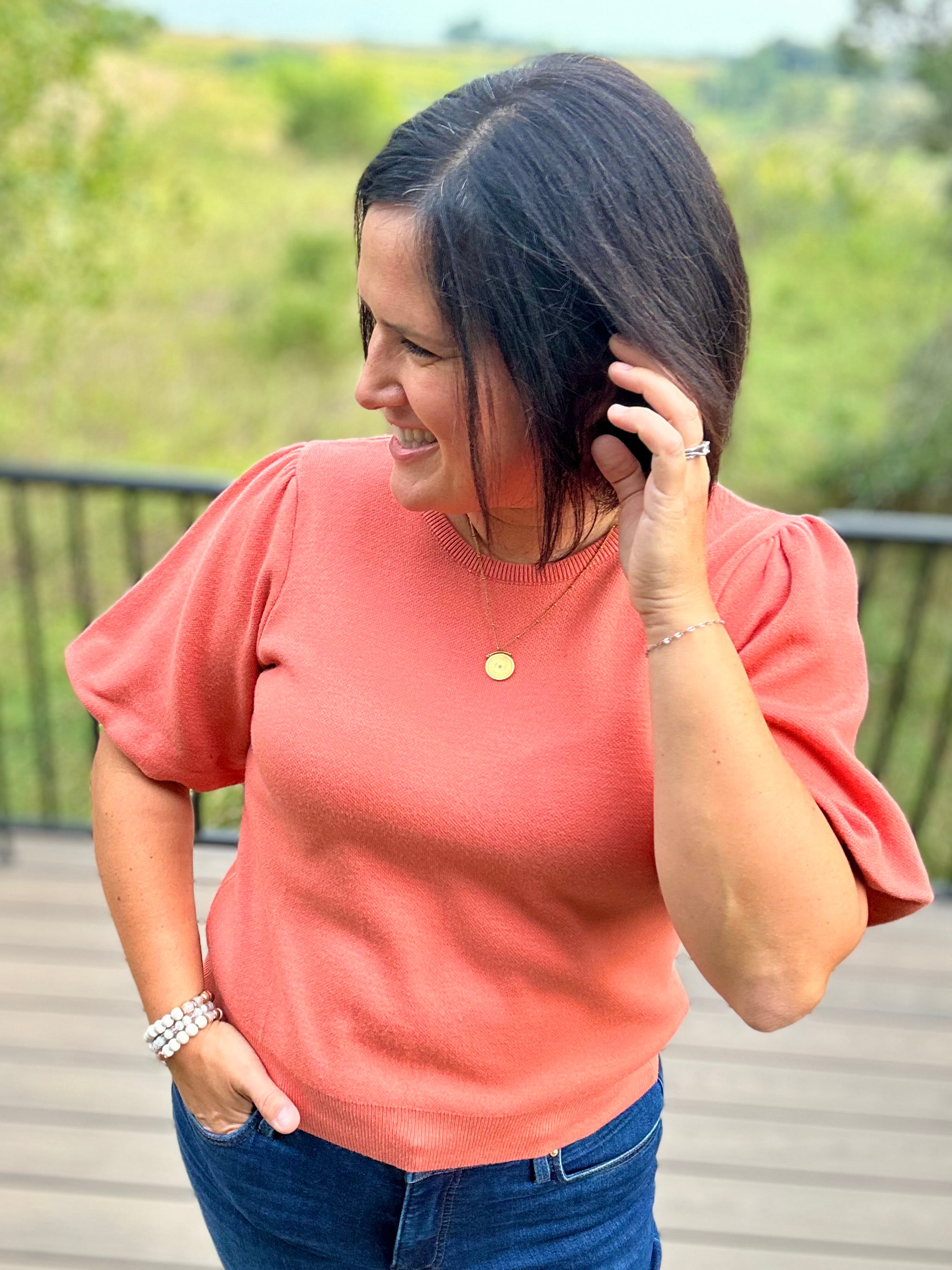 Sunset Orange Bubble Sleeve Knit Top Top - Sweater VOY