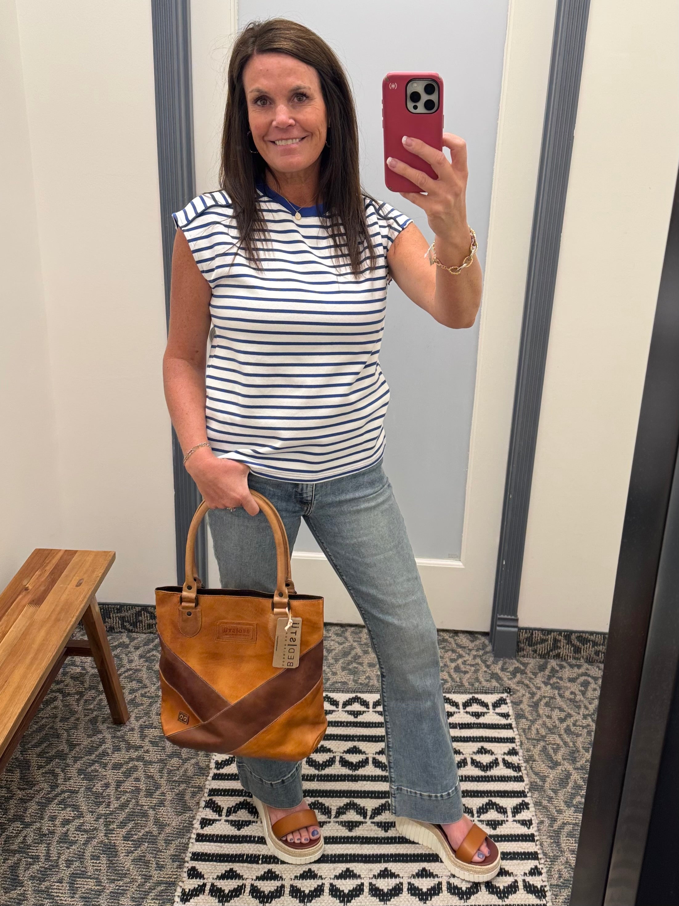 Blue/White Striped Top Piping Detail Top - Tee STACCATO
